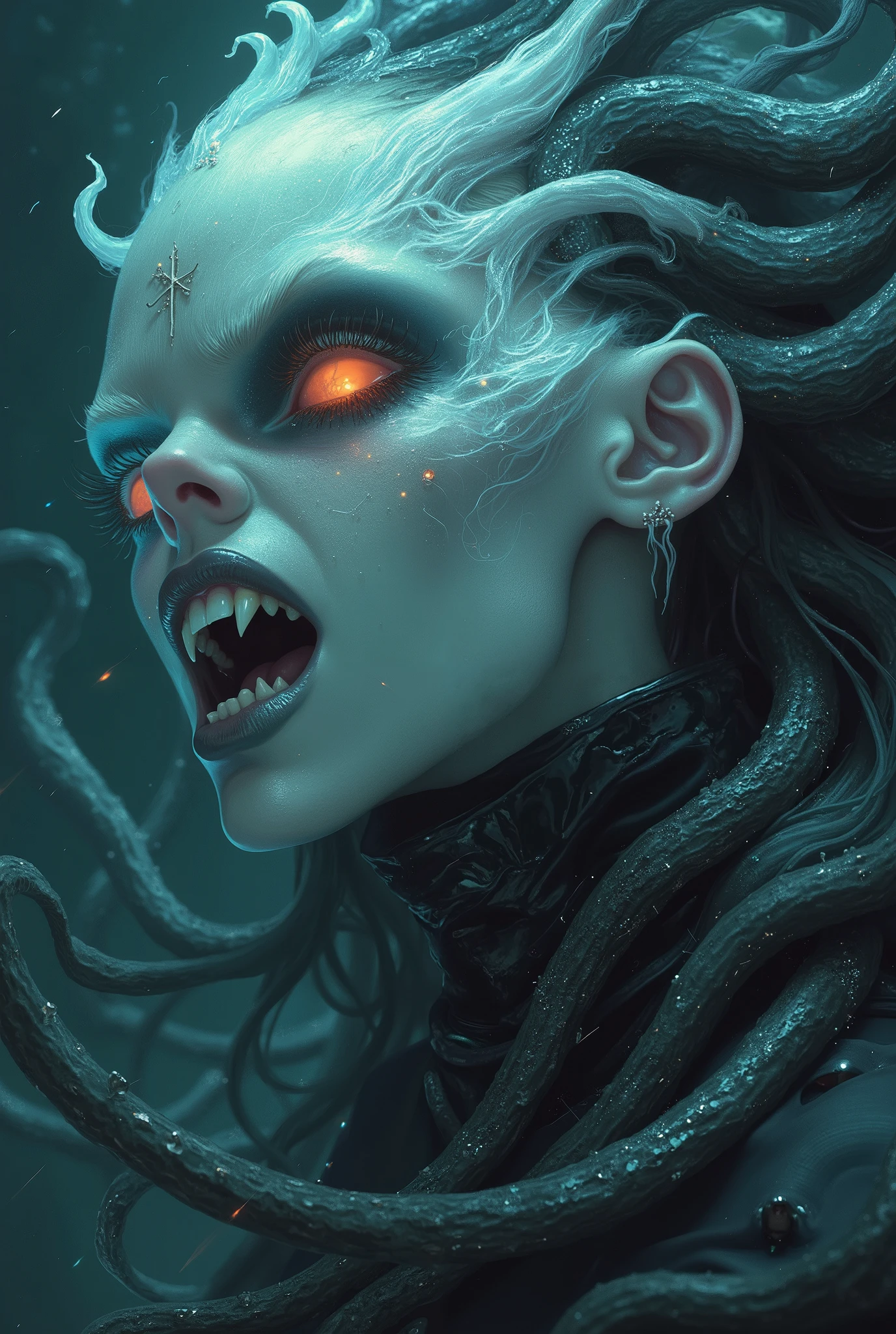 iridescent eyes, scary and sexy detailed art in color, Portrait, (beautiful and obscene female alien:1.4), (vulgarity1.7), (Translucent white skin:1.4), (There is a female genital-like organ in the middle of the forehead:2.3), (The most beautiful face in the history of the universe:1.2), an evil gaze that seduces, (sharp teeth like a vampire:1.0), Full body portrait, (bio luminescent:1.2),(Lots of translucent tentacles:1.3) , in the deep sea