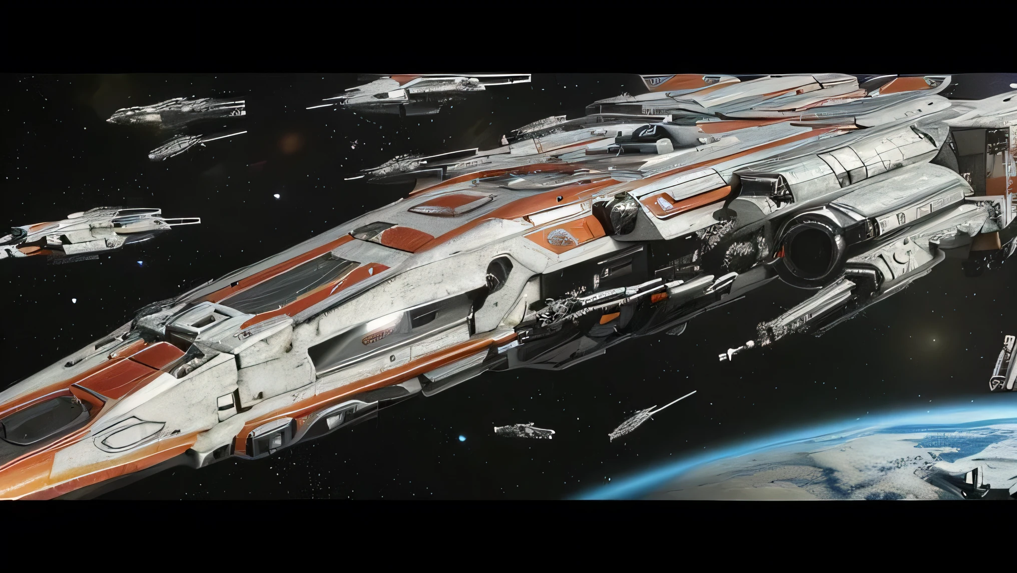 spaceships and ships in a space station with a planet in the background, sci - fi spaceship in combat, star citizen digital art, an epic space ship scene, star wars space battle, wide shot of a spaceship battle, star citizen concept art, world of war spaceships, an epic space battle, landing in epic space battle, huge space battle, dramatic space battle