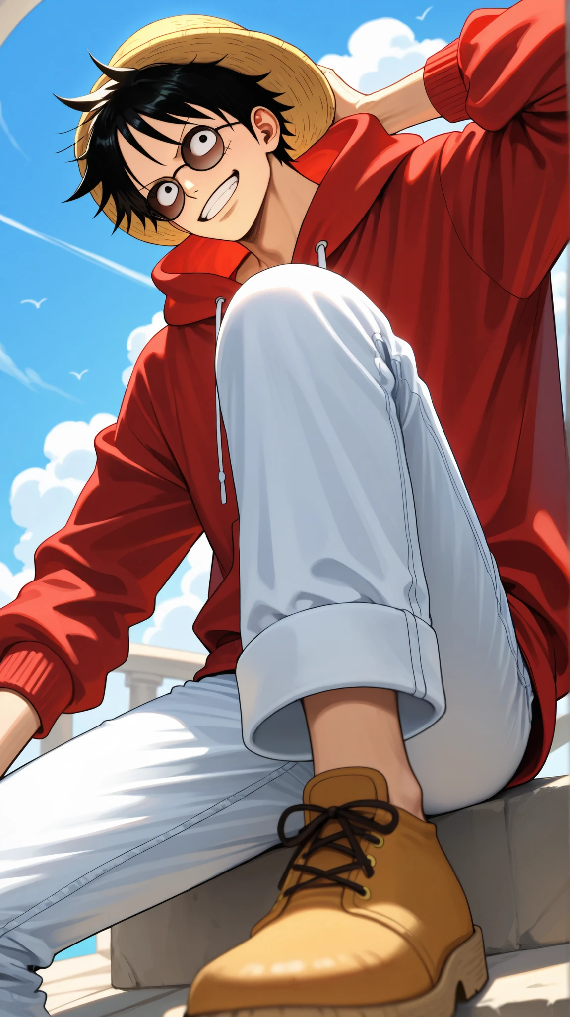 Monkey D. Luffy from One Piece, wearing a red hoodie, and white jeans, black glasses.