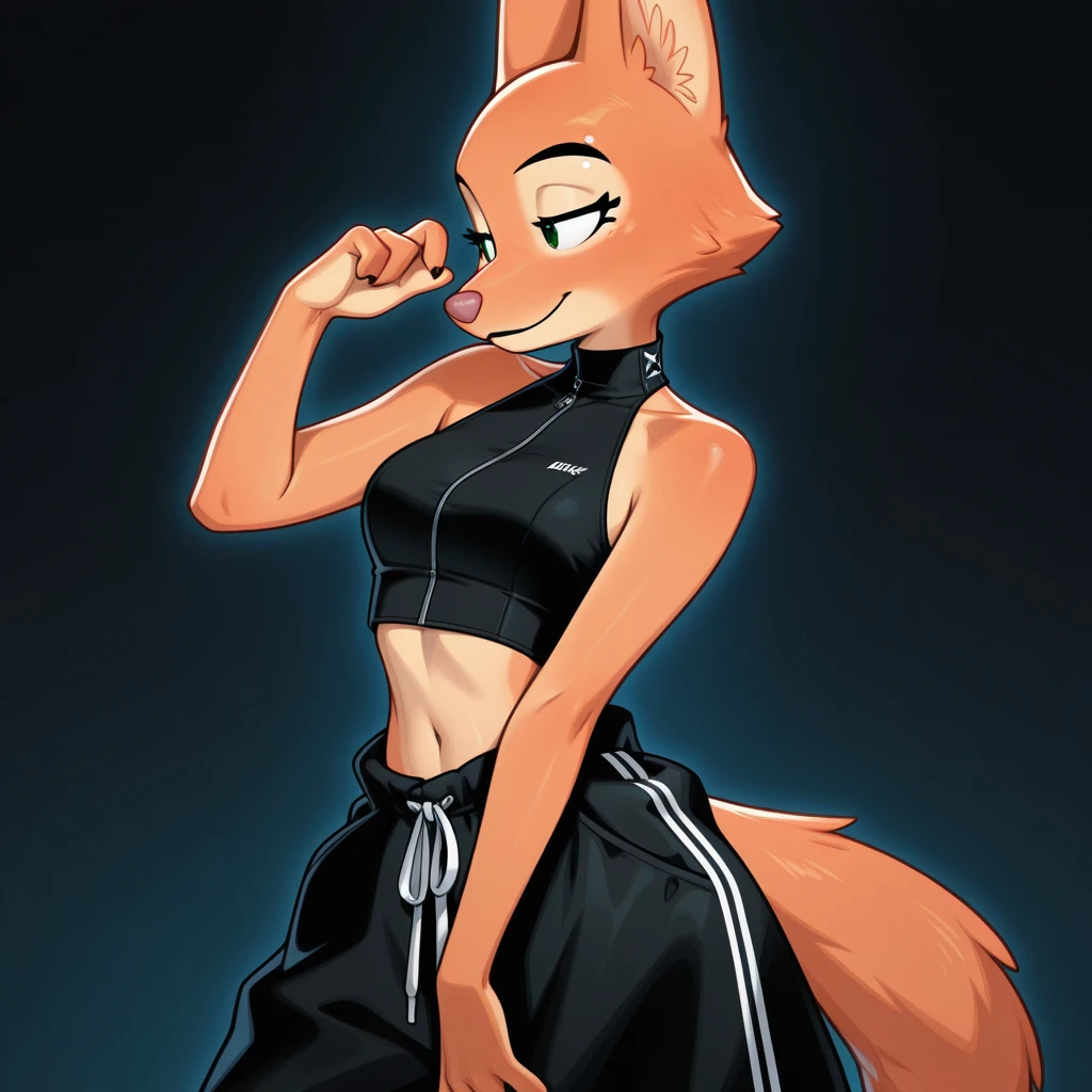 furry, otter, female, alone, dancing, has glasses, ((Beautiful detailed eyes)),((Blue eyes)), black leggings, black sport bra, Baseball cap, red long hair,sneakers,looks very happy, very nice light and shadow, ultra detailed fur, very detailed fur tail,