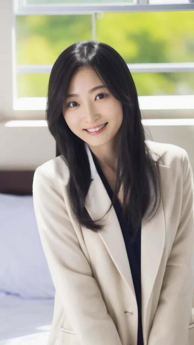 One girl, (White cardigan:1.6),(RAW Photos, highest quality:1.4), (Realistic, photo-Realistic:1.4), masterpiece, Very delicate and beautiful, Very detailed, 2k wallpaper, wonderful, In detail, Very detailed CG unity 8k wallpaper, Very detailedな, High resolution, Soft Light, Beautiful detailed girl, Very detailed eyes and face, Beautifully detailed nose, Beautiful fine details,Cinema Lighting,(Blurred,Bokeh Background:1.6),(Inside the building:1.6),Perfect Anatomy,(Slender body:1.0),(Face close-up,Focus Face:1.4),(smile,Friendly, warm:2.0),(View your viewers:1.8),(Young Japanese Idol:1.8),(Long wavy brown hair:1.8), (Brown eyes:1.8),(Are standing:1.6),