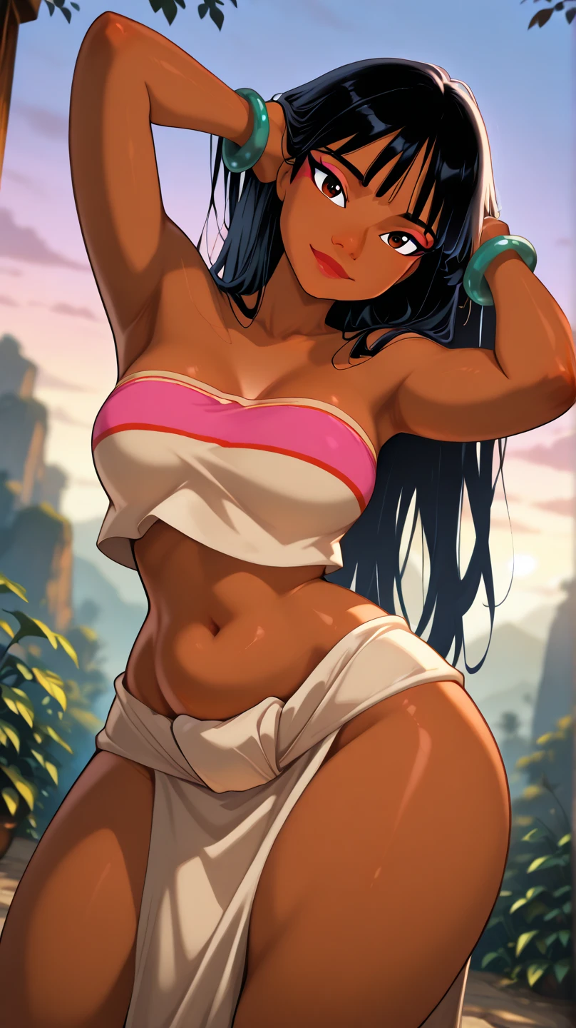 In a forest of large trees there is an even larger Amazonian giantess, with brown skin, black hair, thin, with clothes of the forest, and with very long legs, she is looking for small human invaders of the forest to destroy them so that they do not disturb the peace of the forest. Giantess, goddess, hot, black skin, tall legs, ????, tiny people, tiny humans, crush, forest, trees, standing, group of small people, slim body