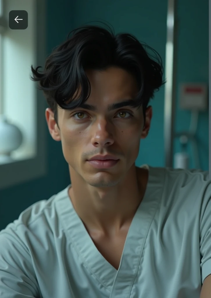 The image depicts a shirtless handsome young man resting on a hospital bed. He has dark, wavy hair and a sic8 expression on his face. In the background, there is medical equipment such as an IV drip and a monitor displaying a heart rate graphmany, ventilator, defibrillator medical device cables attached to the chest. The overall setting suggests a medical or hospital environment. The image has a dramatic, artistic style with striking lighting and shadows that emphasize the subject's facial features and physical form.