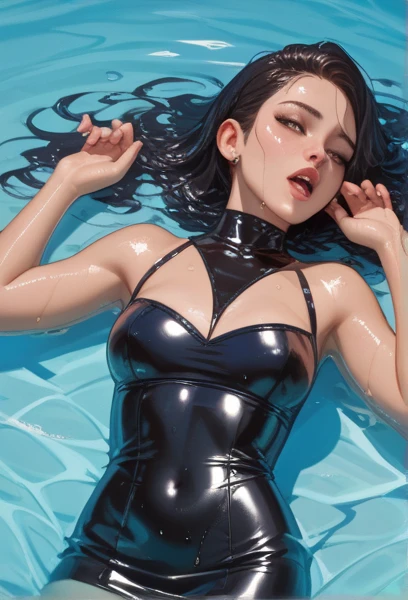 8K分辨率,Refined features,Perfect face,Glowing skin,slim,gray hairs,aseprite,smallbreast,High Details,latex_high leotard,Milky mucus body,Wrap the whole body,Transparent liquid texture,Upright_straddle,sunraise,Eau,beachside