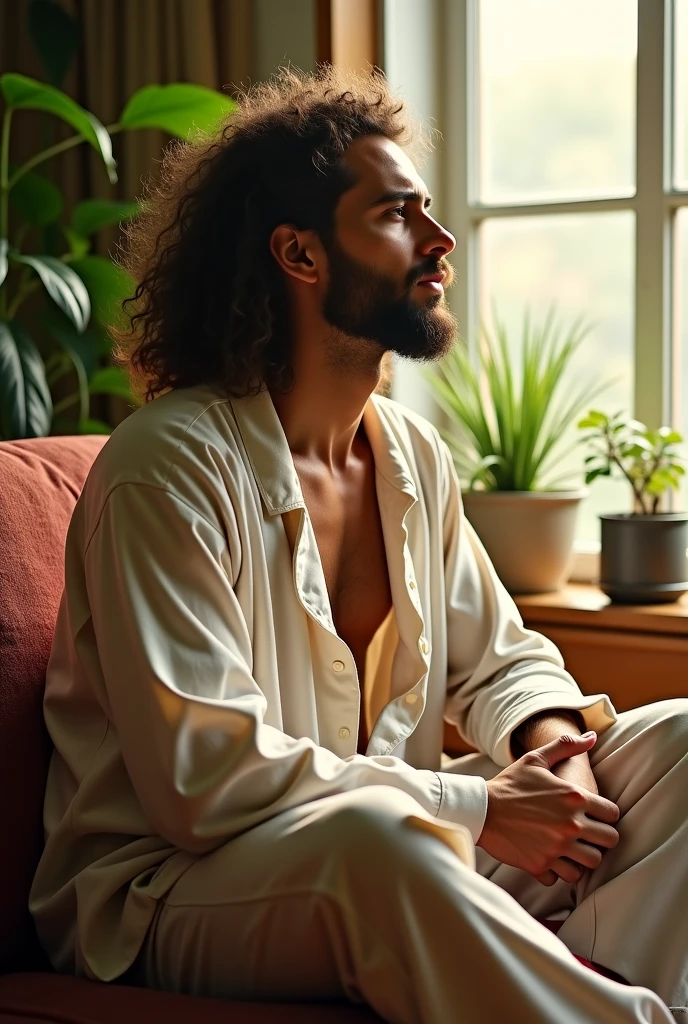 (photorealism:1.2), beautiful man, sitting on bed, wearing loose off-shoulder top, pajama pants, long curly hair, indoors, soft lighting, plants in background, window with sunlight, cozy room, relaxed pose, realistic, intricate details, warm colors, by Greg Rutkowski, by Alphonse Mucha