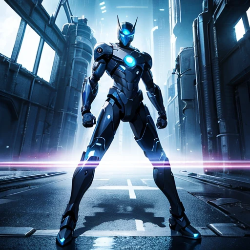 male, blue eyes, robot, black metal body, (((1boy))), (((white cybernetic armor with blue trim))), (white cybernetic gauntlets), (white cybernetic boots), (black tactical belt), (gold badge on shoulder), (white cybernetic helmet), (white mask), long legs