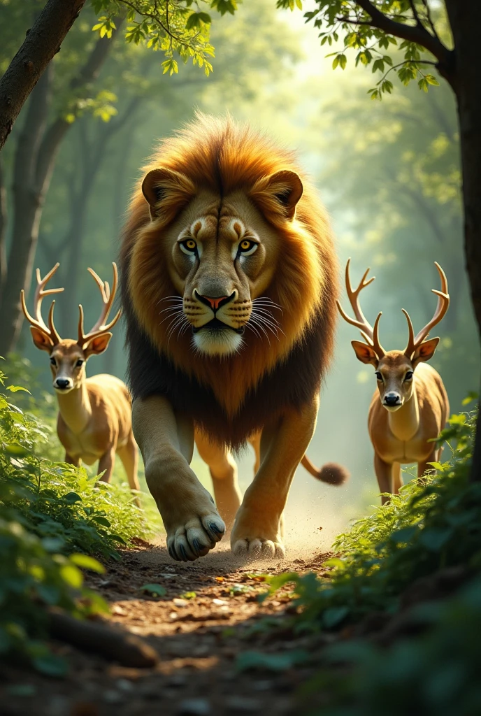 A lion is wandering in the forest in search of his prey and then he finds a deer and then he hunts the deer and kills and eats it.
