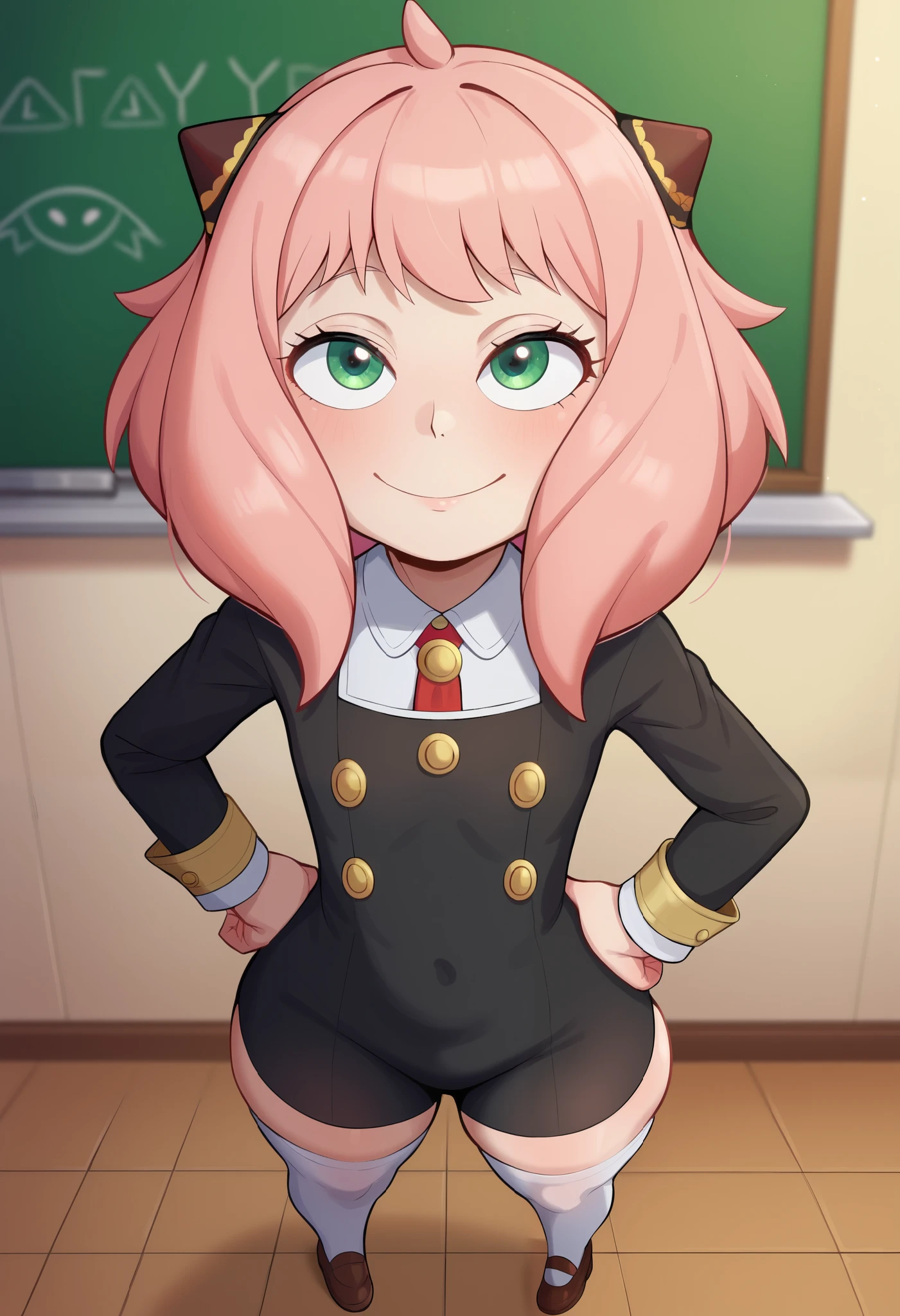 score_9, score_8_up, score_7_up, Yamathegod artsryle, 1girl, solo, anya forger nsfw, (/spy x family/), girl, size difference, very short girl, from above, looking up at viewer, Anya is way shorter than viewer, innocent, pink hair, hairpods, school uniform, Anya Forger dress, dress, black dress, yellow, green eyes, sleeve cuffs, gold trim, flat chested, huge butt, butt focus, thick thighs, tight body, white thighhighs, age difference, immature, under-aged, younger girl, uvenile, youthful, school student, tight-girl, Anya is 120 cm tall, half-closed eyes, viewer looking down at Anya, smile, hands on hips, indoors, classroom, chalkboard, yamathegod style, Big eyes, cute