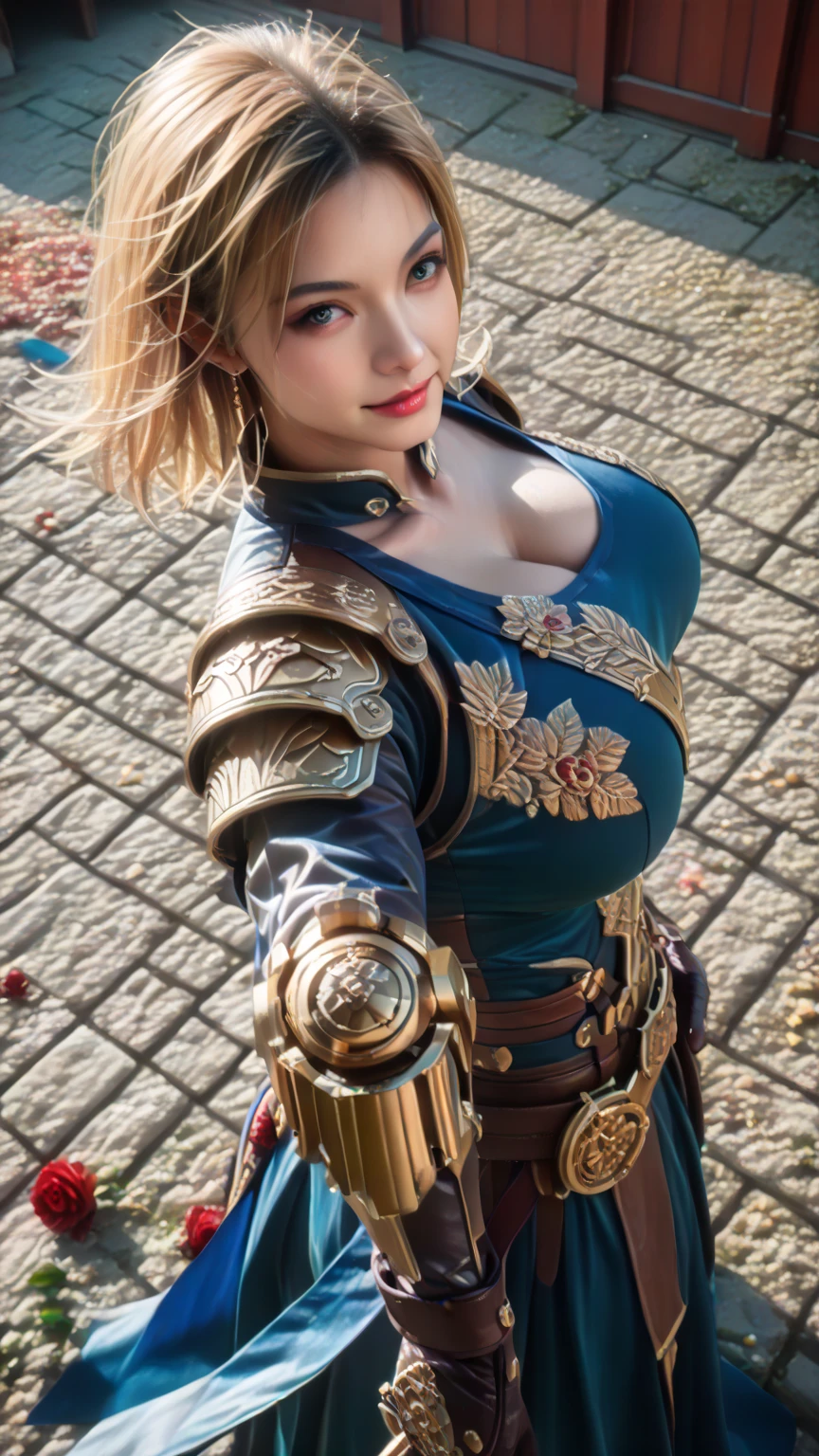 (8K, Highest quality:1.2)、masterpiece, Beautiful female knight, (Attractive American Model),(( Black and white clothes))、((Plate armor with attention to detail)), (Strong muscular body),(Powerful arms)、Mature female knight、 (Light blonde hair), Braid、Disheveled Hair、 (High fantasy battlefield environment), ((Holding a sword))、 High resolution, (Skin Texture:1.1), Highest quality, 超High resolution, (Realistic: 1.4), RAW Photos, By Ellen von Unwerth, Nikon D850 film stock photos, F1.6 Lenses, Rich colors, Bokeh, Sharp focus, Realistic, Cinestill 800, Backlight, Rim Light, Strong sunlight, Realistic, Realistic Shadow, 3d, (Church Background:1.2),Hair blowing in the wind、whole body、(Ancient fantasy soldiers),Ancient soldier armor,Combat Accessories,breastplate、((Long skirt))、Voluminous lips、(((Big Breasts)))、((Large Breasts))、Cleavage、((Perfect Face))、Big eyes、Delicate eyes、Body-fitting armor、looking at the camera、belt、Intricately patterned armor、Upper Body、up、Metal armor、Delicate hands、Knee-high boots、Robe