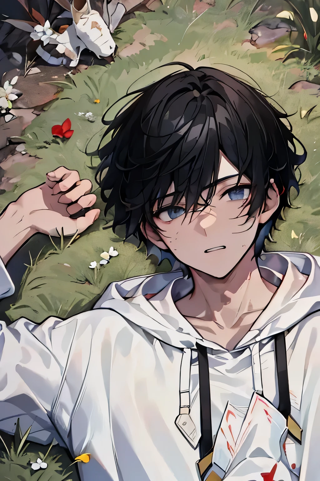 a wounded man，Lying on the grass，Aerial view，black hair，The background is a firefly, top wearing a white hoodie，black pants