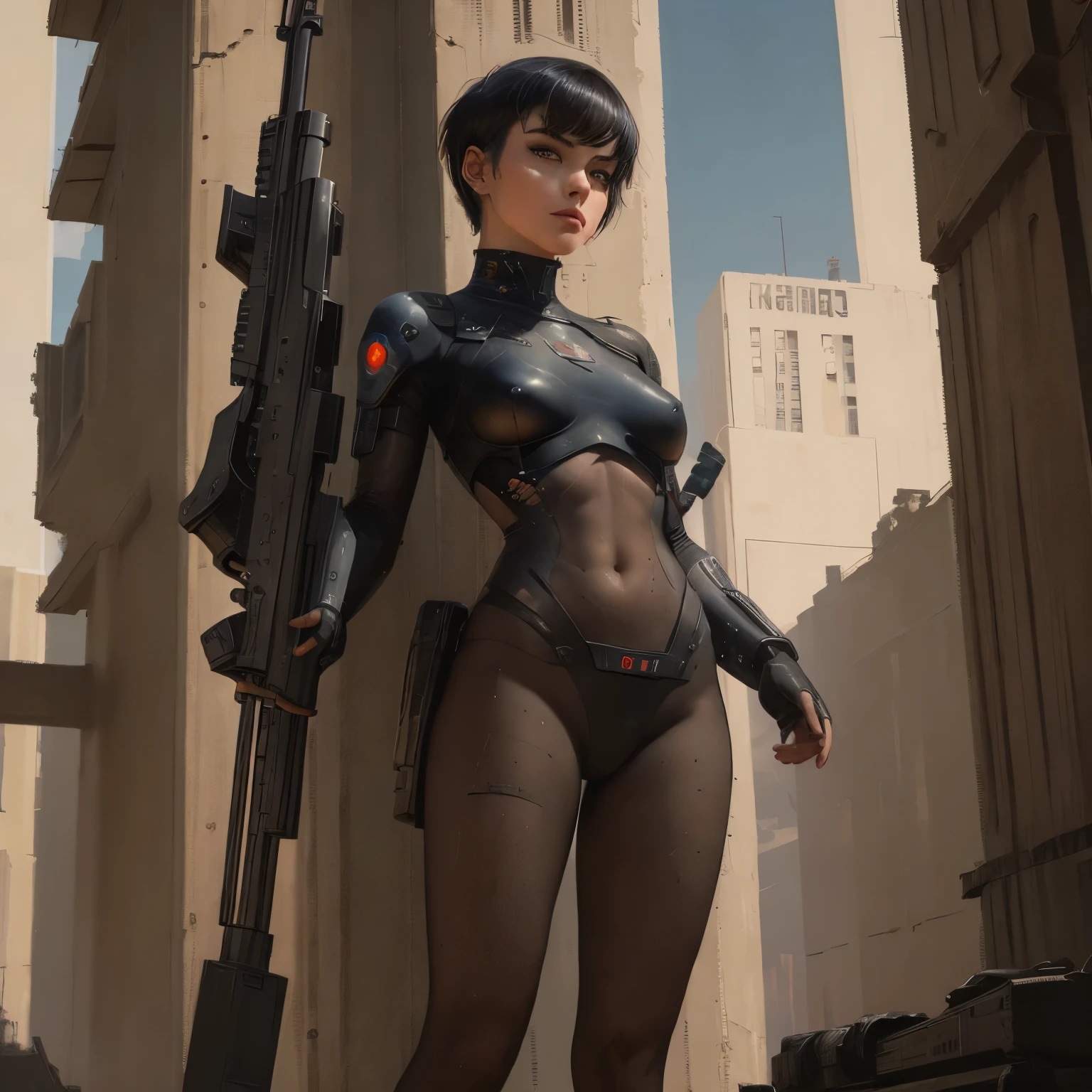 extremely detailed CG Unity 16K wallpaper, (raw photography, realistic:1.2), (professional photo, photorealistic:1.3), cinematic lighting, depth of filed, sharp focus, (cyberpunk:1.4), ultra high res, (perfect anatomy:1.5), realistic skin texture, intricately detailed face, 1 girl, ((female soldier:1.1)), ((partially mechanized body:1.3)), solo, (from front view:1.5), cowboy shot, looking at viewer, short hair, black hair, fairly detailed skin, oil, tan, bright eyes, dark eyes, highly detailed nose and lips, expressionless, ((holding 1 large baster rifle and firing the rifle against enemy position:1.4)), ((camouflaged:1.5)), (((armored body, partially mechanized body:1.1))), ((slender, medium breast:1.3)), (((outdoor, evening, futuristic city, destroyed buildings, ruins:1.3)))