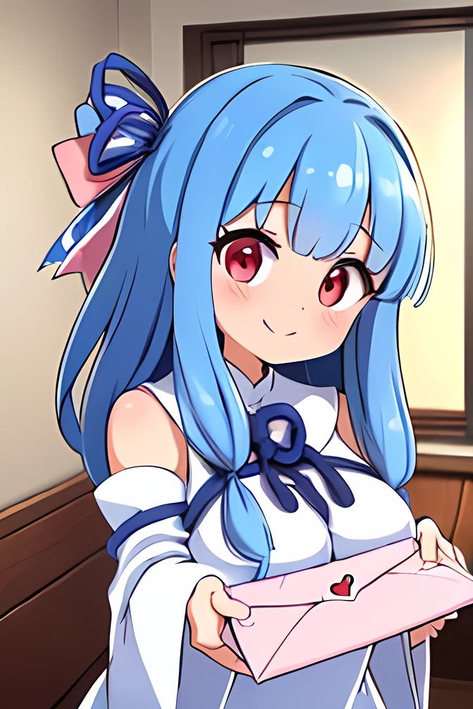 (((love letter:1.6))),throw,heart,aoi kotonoha,(((milf))),((blue hair ribbon:1.4)),red eyes,(droopy eyes) ,blue hair ,is,blunt bangs,((((tall to the eye))),(huge breast),((((grace body ))),white dress, detach sleeve, wide sleeve , shoulder out, Smile,indoors,living,upper body,
