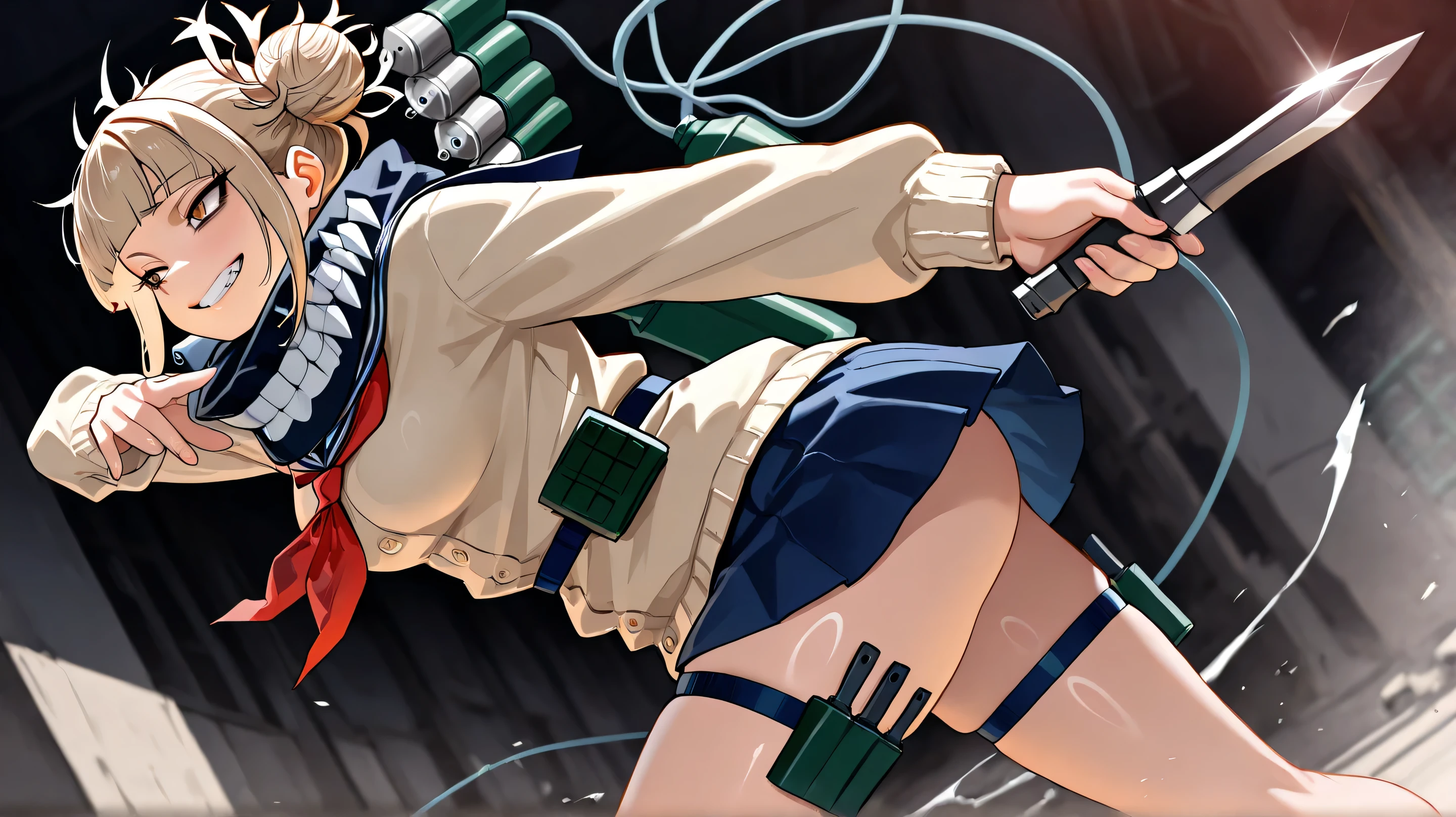 ((correct_anatomy)),((detailed eyes)),((high_quality)), ((Super_Detailed)), ((Best Quality)),((score_9, source_anime)), very aesthetic, absurdres, solo, Toga_Himiko, evil grin, yellow_eyes, blonde_hair, double_bun, slit_pupils, messy_hair, medium_hair, sidelocks, medium_breasts, brown_cardigan, blue_sailor_collar, school_uniform, red_neckerchief, blue_skirt, miniskirt, black_scarf, thigh_strap, thigh_holster, utility_belt, holding dagger, (dynamic pose,dynamic angle),(depth of field), Shiny skin,(HDR,UHD, 4k, 8K, best quality ,masterpiece), (fix dagger)