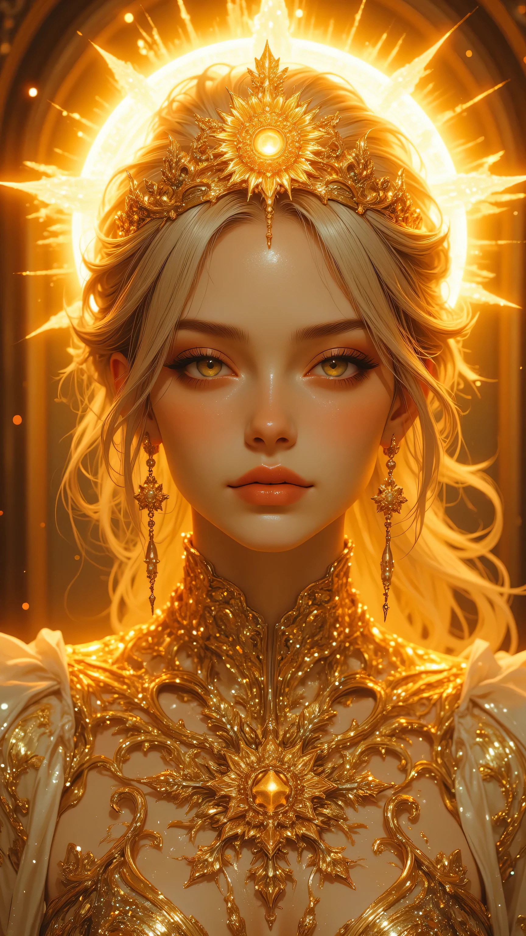 1 2, 1 zodiac goddess from the future, goddess of the pink and purple 12 zodiacs, the goddess of the zodiac in a yellow ao dai, a 12 zodiac ao dai with many black lace detail, mythology Goddess of the 12 zodiacs from the future, zodiac ♏, luxurious glittering zodiac style, dark and mysterious version, zodiac crown, lipstick lips red, thin and beautiful lips, mouth closed, characters made by karol bak and pino daeni, intricate detail, detailed background, extremely detailed, light magic, a woman, clear face, hair long with bangs, beautiful face in detail and well-proportioned eyes, (transparent yellow eyes: 1.8), big round eyes and very beautiful and detailed makeup, foresight, silk dress, mysterious makeup , double bangs and dyed light blonde , upper half portrait, zodiac goddess portrait, arms hanging loosely, Realistic and vivid photo, (stars make up the zodiac: 1.7), (sky background zodiac and fictitious space and time portal: 1.8), fiction art, RAW photo, hanfu picture, best photo, best photo quality, 8k quality, 8k ultra, super realistic, real photo most economical, the goddess poses sexy and seductive,