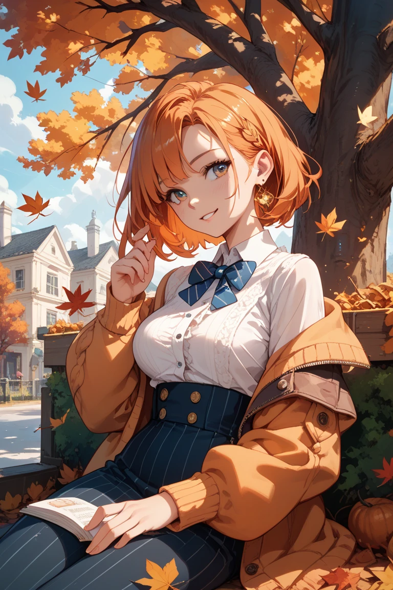 autumn, autumn_leaves, book, falling_leaves, ginkgo_leaf, leaf, maple_leaf, open_book, 1girl, holding_book, holding_leaf, against_tree, hat, leaves_in_wind, yellow_butterfly, solo, butterfly, skirt, bug, leaf_on_head, tree, short_hair, shirt, reading, pantyhose, red_skirt, sitting, bird, plaid, white_shirt, black_legwear, holding, leaf_background, outdoors, beret, ribbon, orange_flower, dragonfly, medium_breasts, yellow_sky, looking_at_viewer, red_headwear, bookmark, open_clothes, black_hair, orange_theme, squirrel, acorn, brown_hair, animal, white_butterfly, on_ground, bow, collared_shirt, under_tree, long_sleeves, feathers, day, branch, bangs <lora:style_Yuban12003T1:1>