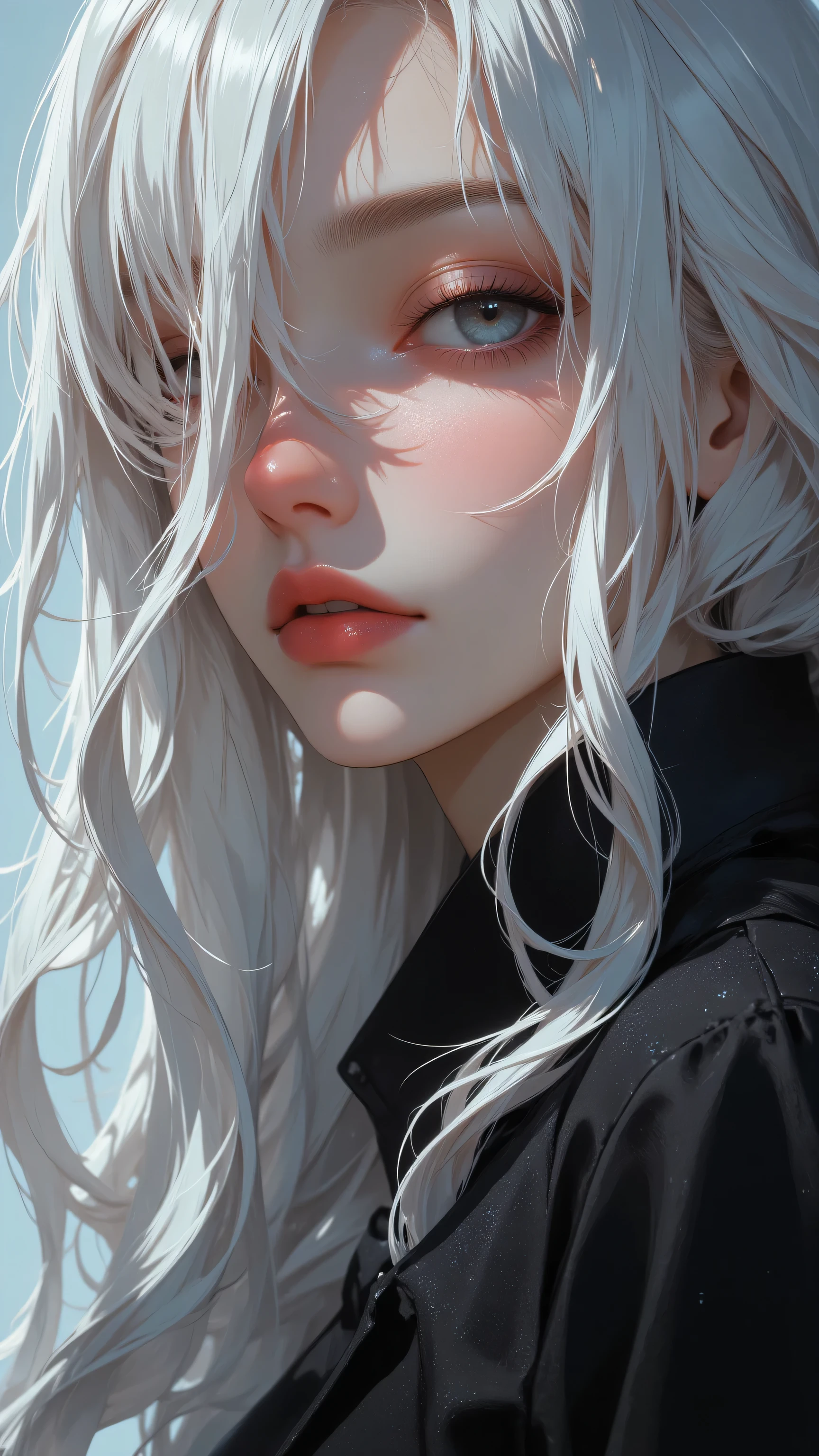 8k, Masterpiece, Top Quality, Close-up, long, flowing, white, hair, waves, curls, strand, eye, skin, rosy, complexion, full, lips, pinkish-red, eyes, closed, serene, dark, black, garment, realistic, hair texture, shading, skin, clothing, soft, diffused, face, upper body.