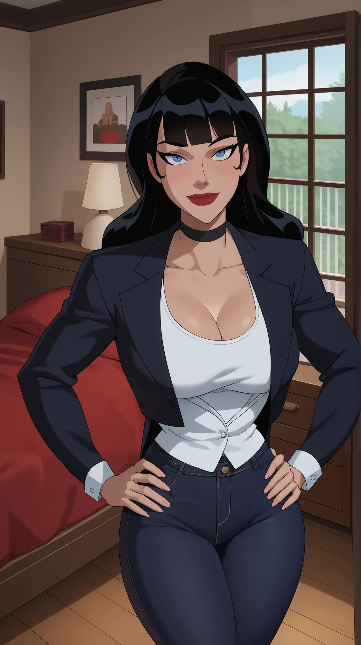 Score_9, Score_8_up, Score_7_up, Score_6_up, Score_5_up, Score_4_up, Source_cartoon, Tag1, Tag2, Quality_masterpiece, Anatomically correct, Beautiful face, Perfect face, Highly detailed beautiful face and eyes, Attractive face, Detailed face, Delicate facial features, Detailed skin, Wide hips, Huge butt, big butt, Thick thighs, Mature female, Bedroom eyes, Perspired BREAK Rating_safe, motherly face, bedroom, sultry woman, detailed eyes, looking at viewer, looking at viewer, mature female, young, sexy body, beautiful face, standing, Zatanna, long hair, blunt bangs, black jeans, white racerback tank top, choker, indoors, smiling, closed mouth, red lipstick, large breasts, happy expression, blue eyes, black bomber jacket, black hair, open jacket, bedroom, hands on hips, seductive pose, high-angle view