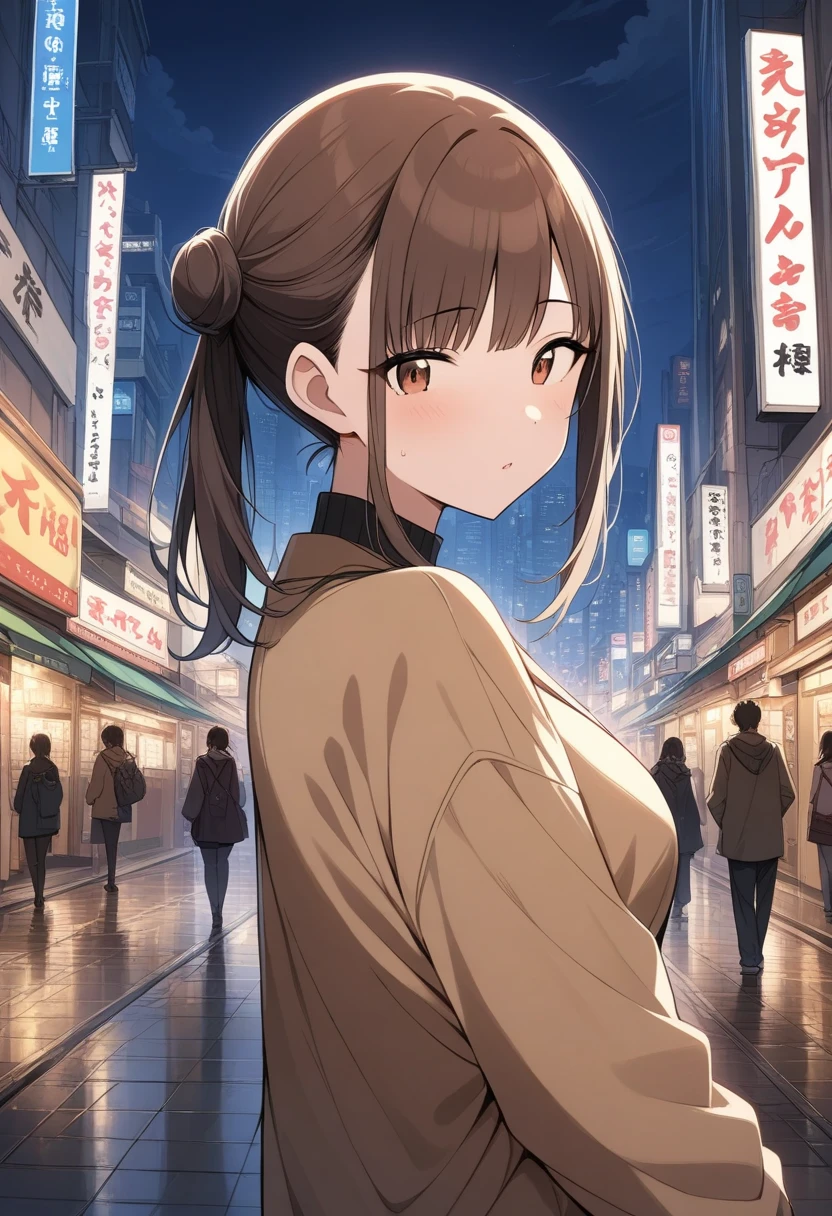 ((masterpiece,Highest quality;1.3,best illustration)),cowboy shot,1woman、25 year old beauty、独奏,((very small head:1.5)),dark brown hair,long hair,bangs,brown eyes,gorgeous eyes,blush,small breasts,((very long body:1.3)),((toned body,slender body,skinny)),gleaming skin,shiny skin,oily skin,(Black zip-up hoodie outer jacket、White tight T-shirt、denim micro shorts)、Carrying a black backpack、on street,Tokyo,