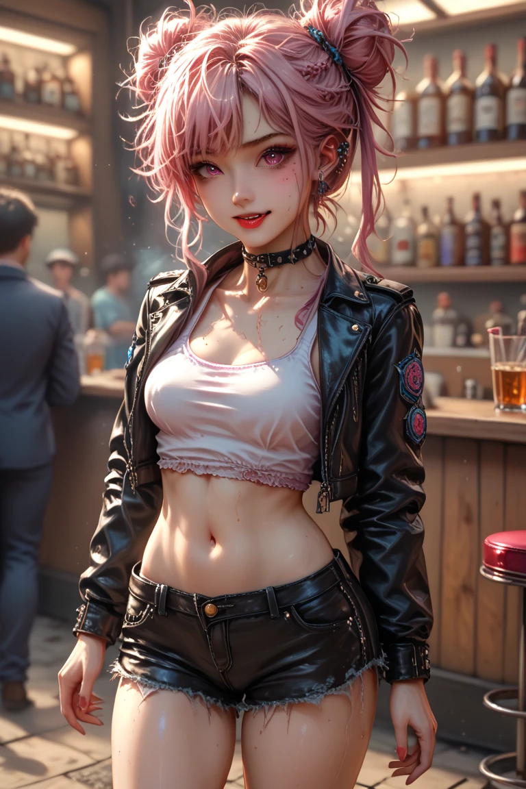 (masterpiece), (best quality), (high res), ((((Solo)))), (perfect anatomy), (young girl (10 years old), fair skin, pink hair (shoulder length), green eyes, (cowgirl outfit), white tied up shirt, jean skintight black mini shorts, tired, (((flat chest))), in a futuristic setting with a green light, annoyed, cyberpunk, (drinking water), best anime 4k, cybersuits, in her school, (at night), (night), ((((alone))))