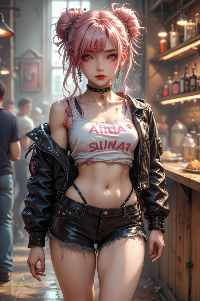 1girl, (smoke), ((smoking)), ((((black jacket)))), (((pink hair))), elf, flat,((((small chest)))), ((((flat chest)))), ((((small breasts)))), ((((flat breasts)))), lips, lipstick, (((long stray hair))), looking at viewer, makeup, pointy ears, red lips, solo, upper body