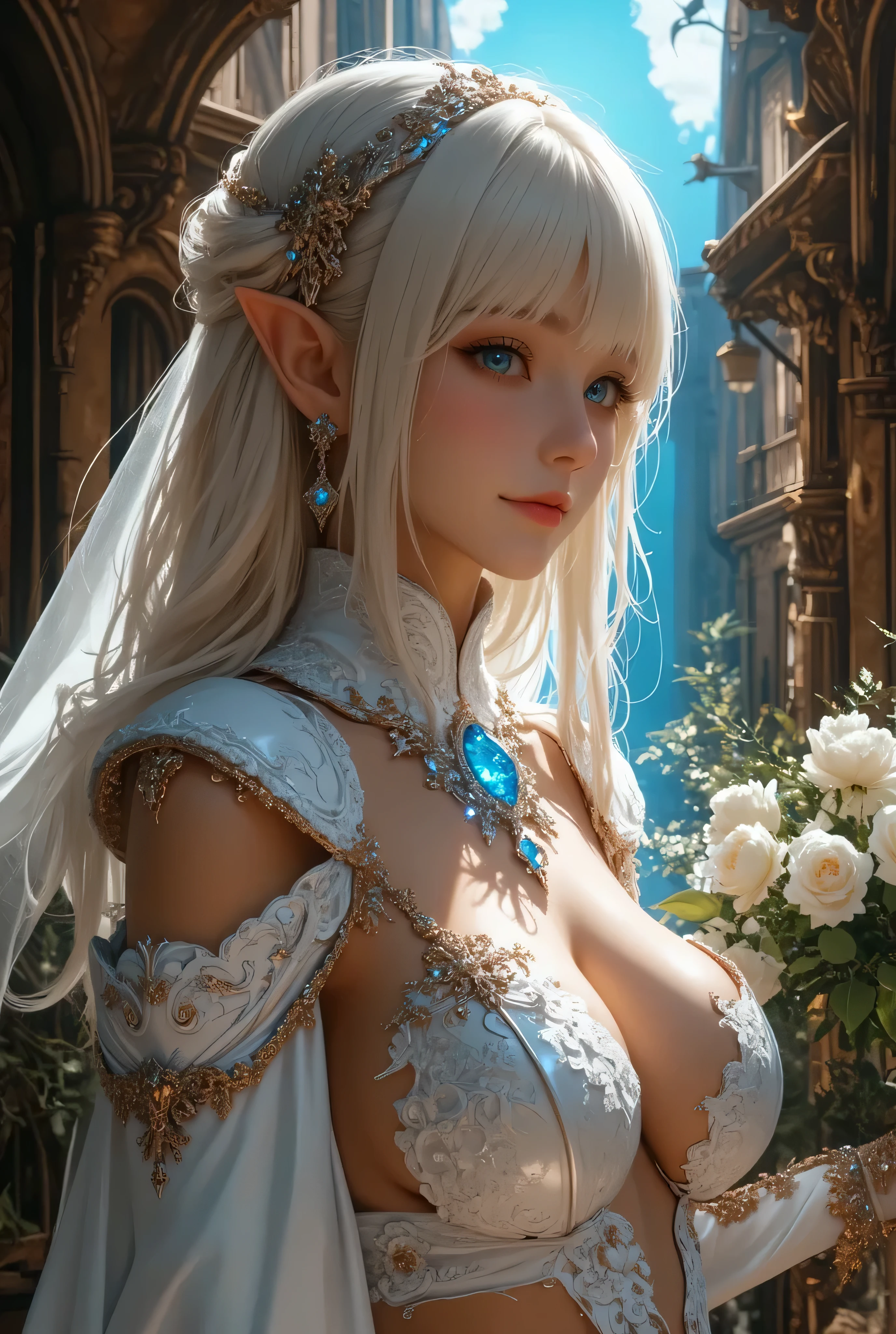 1 girl, Beautiful elf lady, begie blonde Long straight hair, upturn elf pointy ears, sexy figure, perfect breast, charming cleavage, very beautiful face, detailed face, delicate eyes, detailed pupil, beautiful and delicate lips, pale skin, Serious, arrogant, absurd, White gorgeous detailed dress, royalties, celebration, elegant, Noble, Bare shoulders, small crystal earrings, hand drawn animation, high detailed, palace banquet hall, symmetrical clothes, best quality, masterpiece, Fair, Octane Render