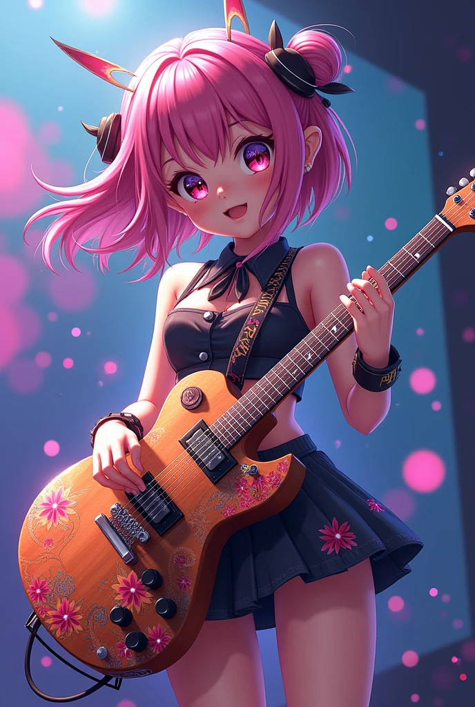 anime girl with guitar in a messy room with a tv, 8 0 s anime vibe, in the art style of 8 0 s anime, Improvise music, 8 0 s anime style, 8 0 s anime art style, rocking out, low res, 90's anime style, 9 0 s anime style, anime vibes, Double ponytail blast-headed girl, ear studs, Punk girl, messy rooms, Normal limb proportions, Stack socks