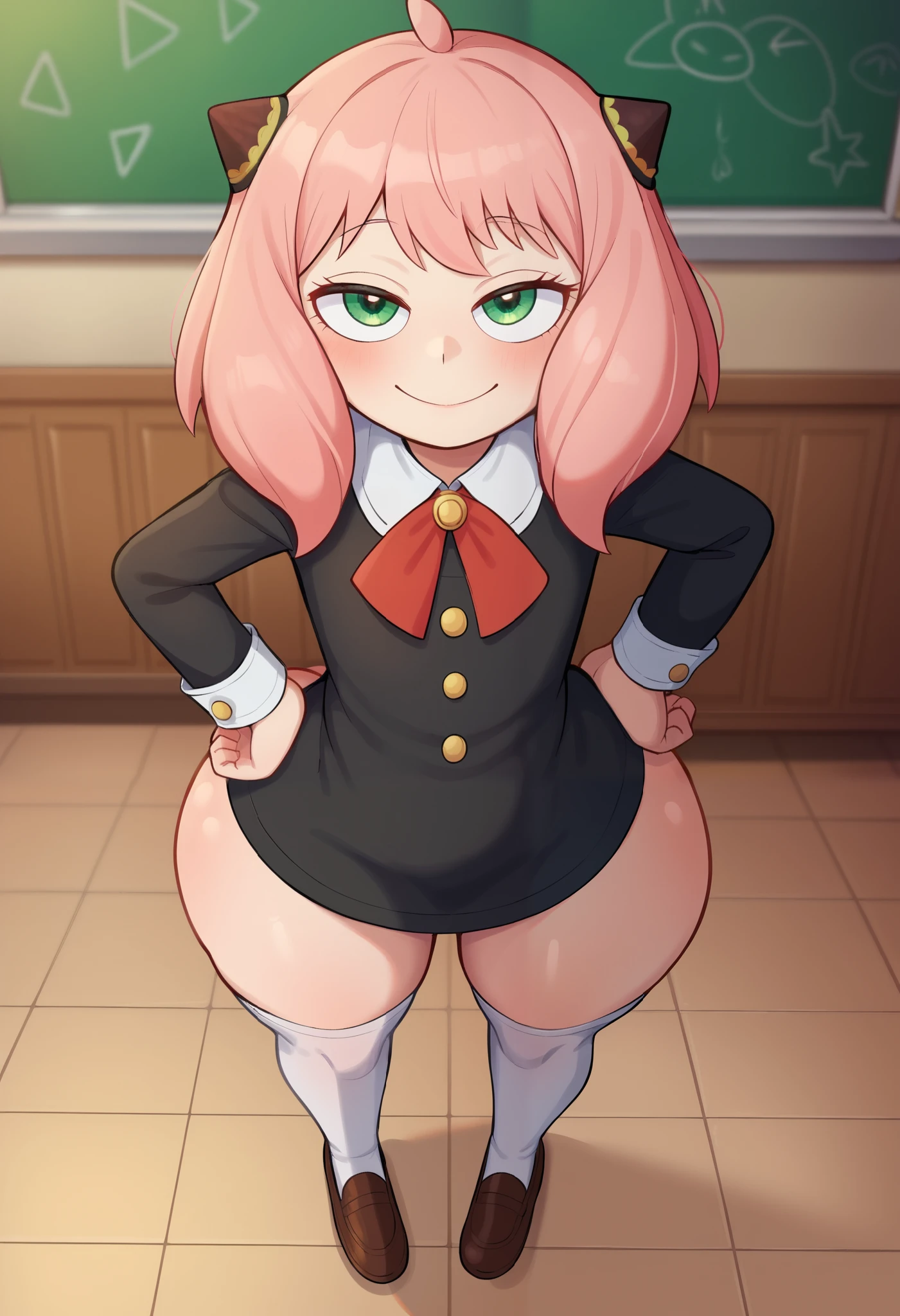 score_9, score_8_up, score_7_up, Yamathegod artsryle, 1girl, solo, anya forger nsfw, (/spy x family/), little girl, size difference, very short girl, from above, looking up at viewer, viewers pov, Anya is way shorter than viewer, small stature, innocent, pink hair, hairpods, school uniform, Anya Forger loose dress, dress, black dress, yellow, green eyes, sleeve cuffs, gold trim, flat chested, huge butt, butt focus, thick thighs, tight body, white thighhighs, age difference, immature, under-aged, younger girl, juvenile, youthful, school student, tight-girl, Anya is 120 cm tall, half-closed eyes, viewer looking down at Anya, smile, hands on hips, indoors, classroom, chalkboard, yamathegod style, Big eyes, cute