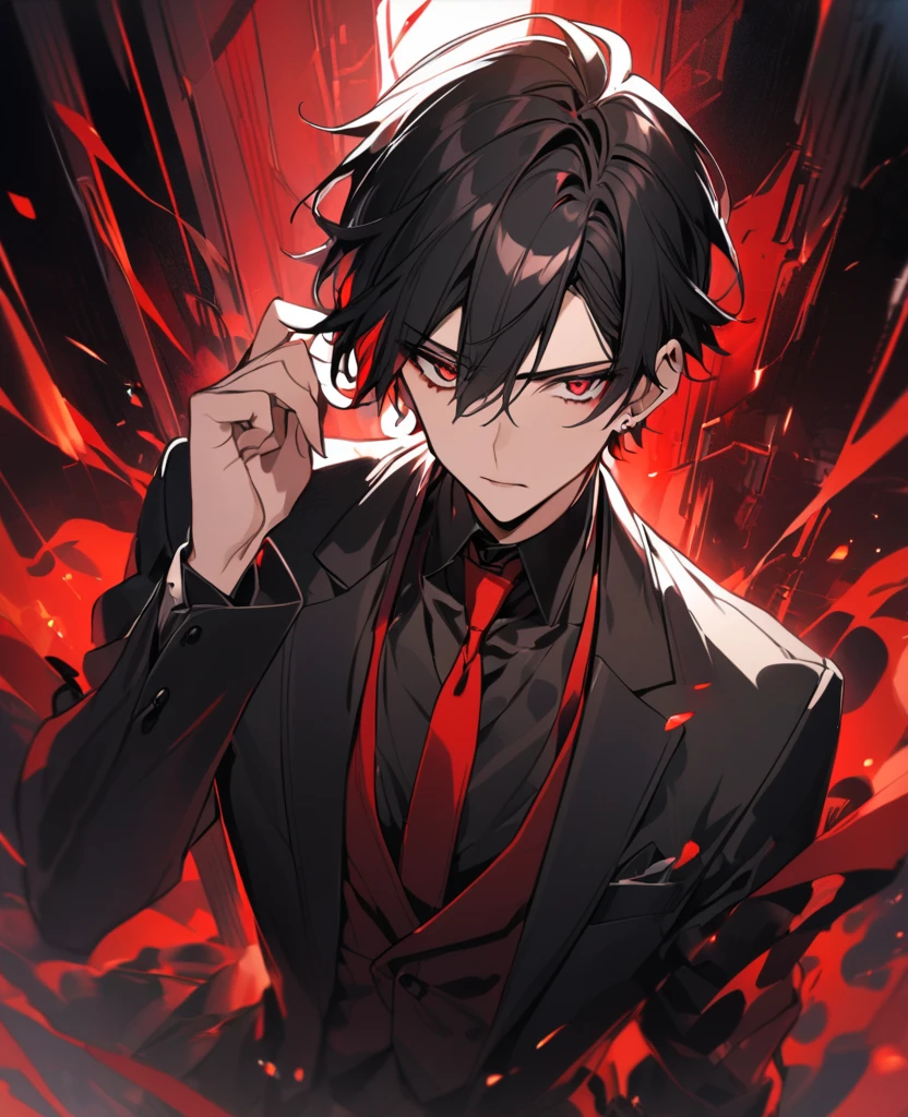 Boy with short black hair and red eyes is wearing a black tuxedo