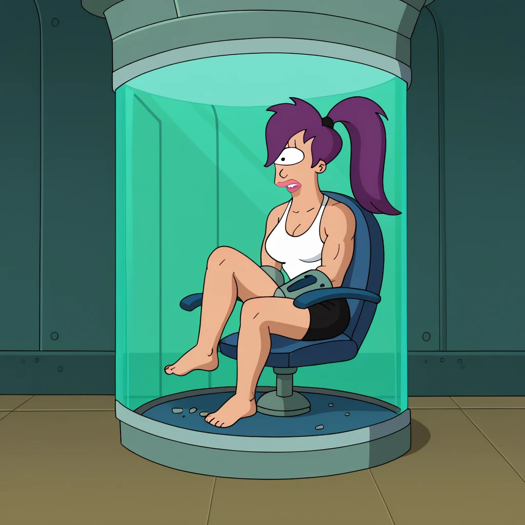 score_9, score_8_up, score_7_up, zPDXL, Leela, purple hair, one-eyed, cyclops, circle eyes, overbite, dot pupil, source_cartoon, futuramastyle, 1girl, solo, long hair, ponytail, makeup, parody, lipstick, interior spacecraftfull body, in space ship, by captain chair, sitting by window, covered nipples, panties, spread legs, cameltoe, smiling, seductive smiling, aroused, pussy juice, hand on breast, 