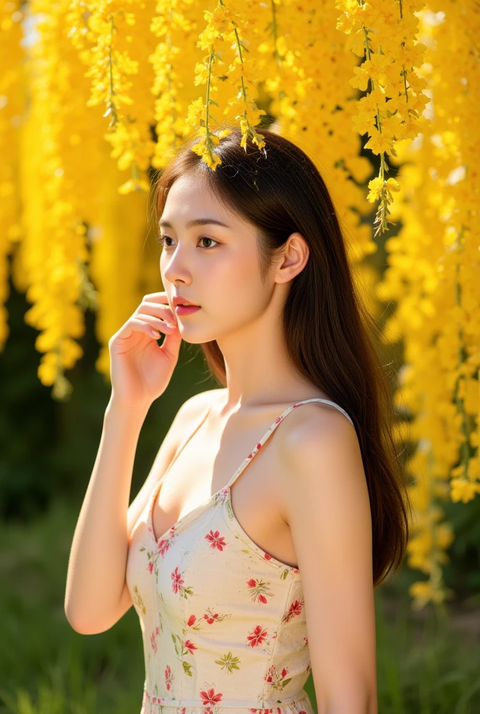masterpiece, Best Quality, 8K, 1 girl, Japanese cute girl, in summer, forest, stream, out of focus, 18 yo, large breasts, Mouth slightly open, cute little, Solo, sad, summer dress, Girly, Delicate girl, Neat and clean beauty, Raw photo, Professional Photography, Portrait, Soft light, Professional Lighting, Back lighting, Upper body, see the beholder, Sophisticated, Film grain, (Eyes and faces with detailed:1.0), medium hair swaying in the wind, beautiful flowing brown hair,