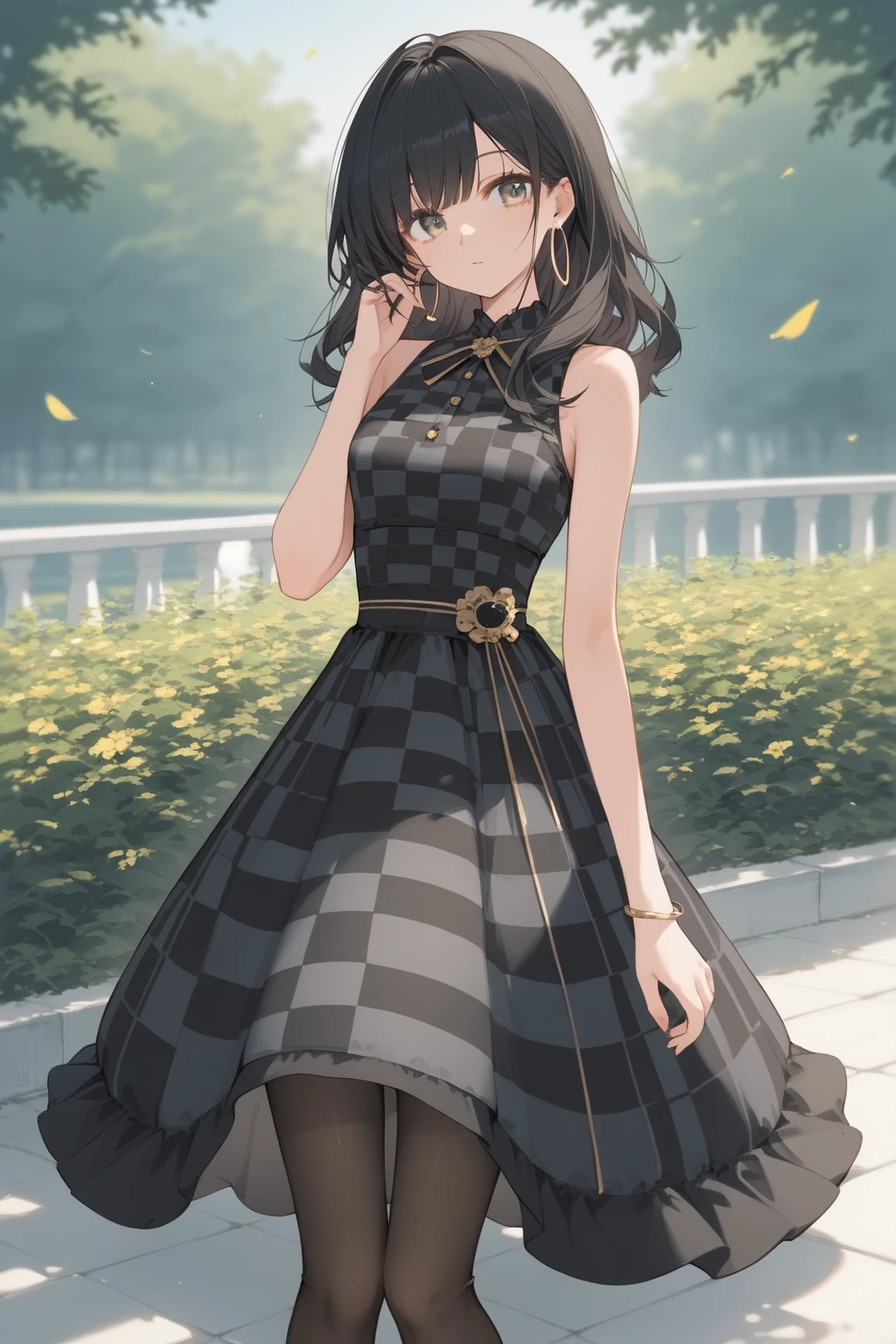 score_9, score_8_up, score_7_up, source_anime, highquality illustration, masterpiece, very delicate and beautiful, attractive girl, beautiful eyes, outdoors, ((She wears wo tone dress, checkered dress, sleeveless, black pantyhose, hoop earrings))