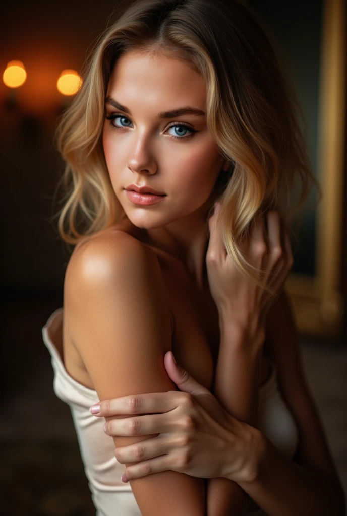 RAW Photos, Kristina Pimenova、22-year-old girl,  Braless lingerie, Sit by the window, (One girl), (Realistic), (photo-Realistic:1.5), lipstick,(RAW Photos, 8k uhd, Film Grain), Sharp eyeliner, Cheek eyeshadow for thick eyelashes, Very delicate and beautiful, (Full Body Shot:1.6), 8k, Soft lighting, high quality, High resolution, Sharp focus, Very detailed, (Sunlight on the face), Beautiful attention to detail, Very detailed eyes and face, masterpiece, Cinema Lighting, (Skin with attention to detail:1.2), 8k uhd, Digital SLR, Soft lighting, high quality, Film Grain, Fujifilm XT3