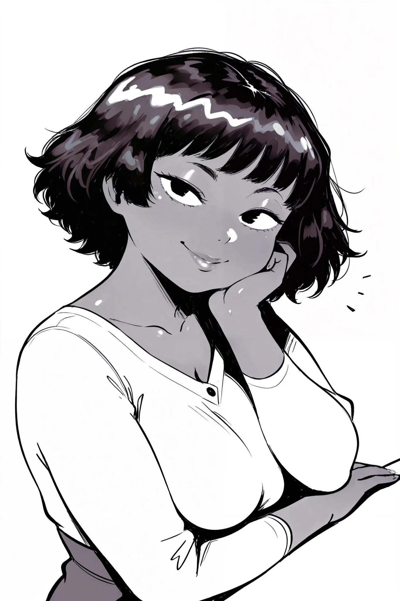 HDR, 8K, high contrast, masterpiece, best quality, amazing quality, very aesthetic, anime artstyle, realistic, hentai art, newest,
BREAK
bounce light, hyperdetailed, detailed hair strands, detailed fibers, bornstyle
1girl,mature female,tall female,dark-skinned female,black hair,monochrome,light smile,head tilt, hand on own cheek,
