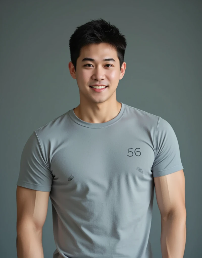 (((male))), 36 years old, Japanese, HD, True-to-life imagery, Upper body composition, The face is illuminated, Black short straight hair, Sharp eyebrows, Squinting,With a hint of cunning, Pointed nose, Thin lips smile, Wearing a light blue round-neck T-shirt,Roll up your sleeves,, Background is a modern office environment,