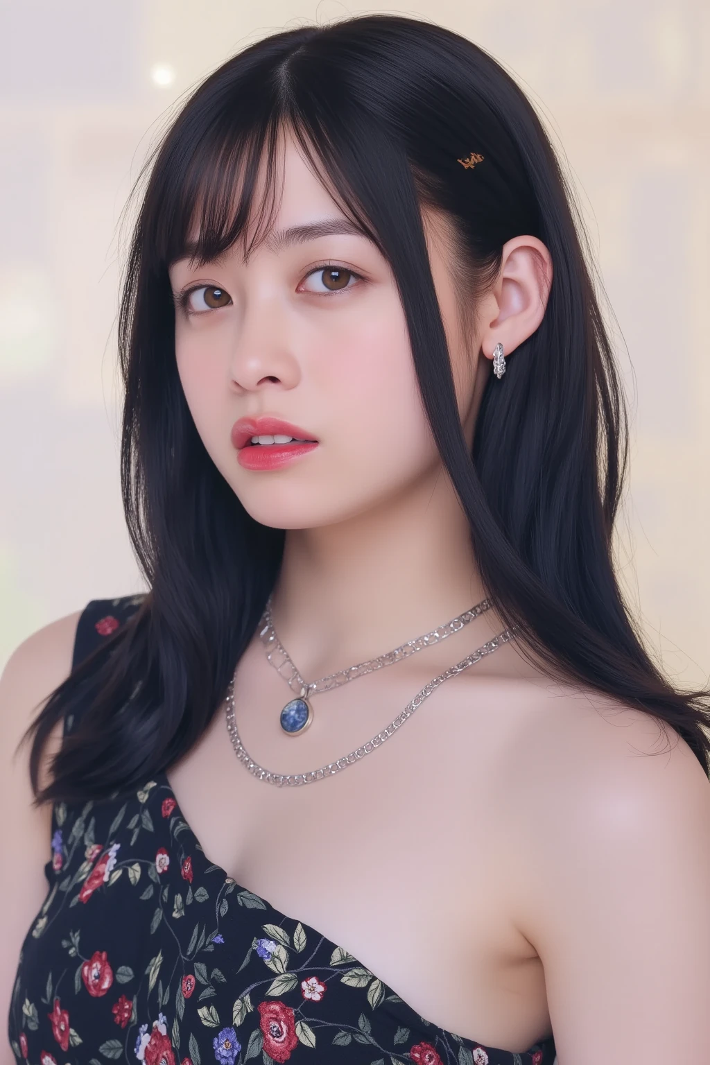 in a 4k、 ​masterpiece, top-quality, 8K, absurderes, beautiful a girl, Clean face, looking at the viewers, A smile,  Ruby Earrings, ruby ​​necklace, Teen, cute little, (Glitter and smoky red eyeshadow and glitter, glazed pinkish red lips:0.8), A hyper-realistic, hight resolution, a picture, film grains, chromatic abberation, sharp focus, nffsw, face lights, Dynamic lighting, light, Professional Shadows, simple background, (Dull blue background:1.3)、highestdetailed、Extreme details、ultra-detailliert、detaile、authentic skin、delicated facial features、detailed faces and eyes、Sharp pupils、Realistic pupils、(Black eye:1.0),full body Esbian、waistline、Slim type、lingerie、medium breasts