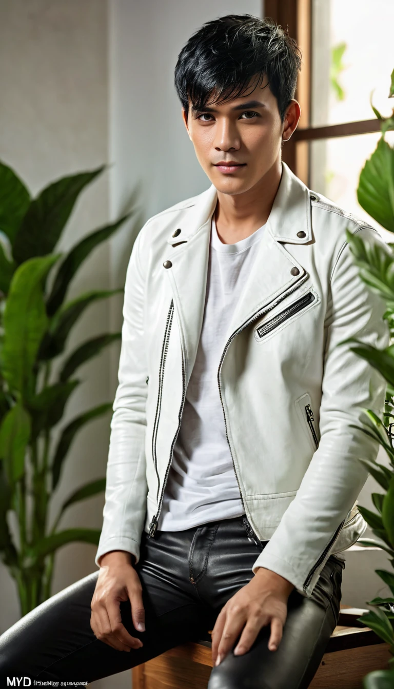 solo , 1man , thai man , leather jacket , white shirt , Long pants jeans , happy , sit