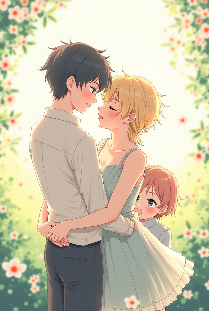 Two anime lesbians holding a baby girl one girl is tomboy