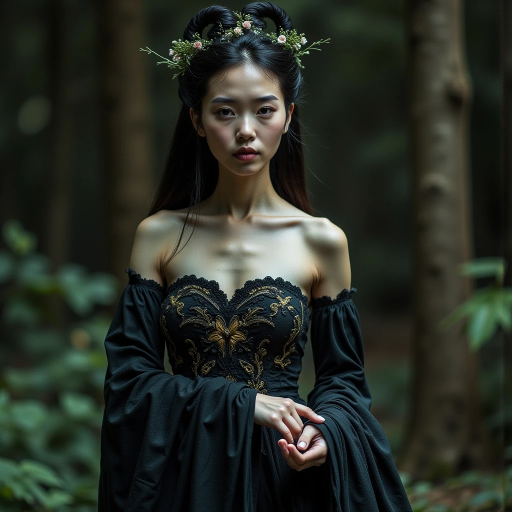 A 20 year old white woman (pale) with slightly Asian features (Kpop idol style), with long straight black hair, thin and with a slight scar on her nose, dressed in gothic dress and black cape, in a forest. (old scars on the arms