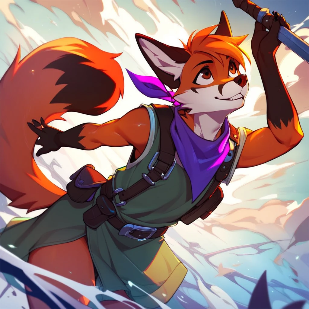 perfect anatomy, expression, caustics, no lighting deep shadow, masterpiece, high quality, hi res, solo, teen Furry, furry, teenager, red fox, spiked brown hair only on head, collar, brown eyes, goggles, Black loincloth, green scarf, ((elbow pads)), ((knee pads)), masterpiece, No muscles, Detailed hands, detailed face, detailed eyes, detailed body, Flat body, Skinny, claws, high resolution, metal cuffs on wrists, metal cuffs on ankles, no shirt, no underwear, sticking tongue out