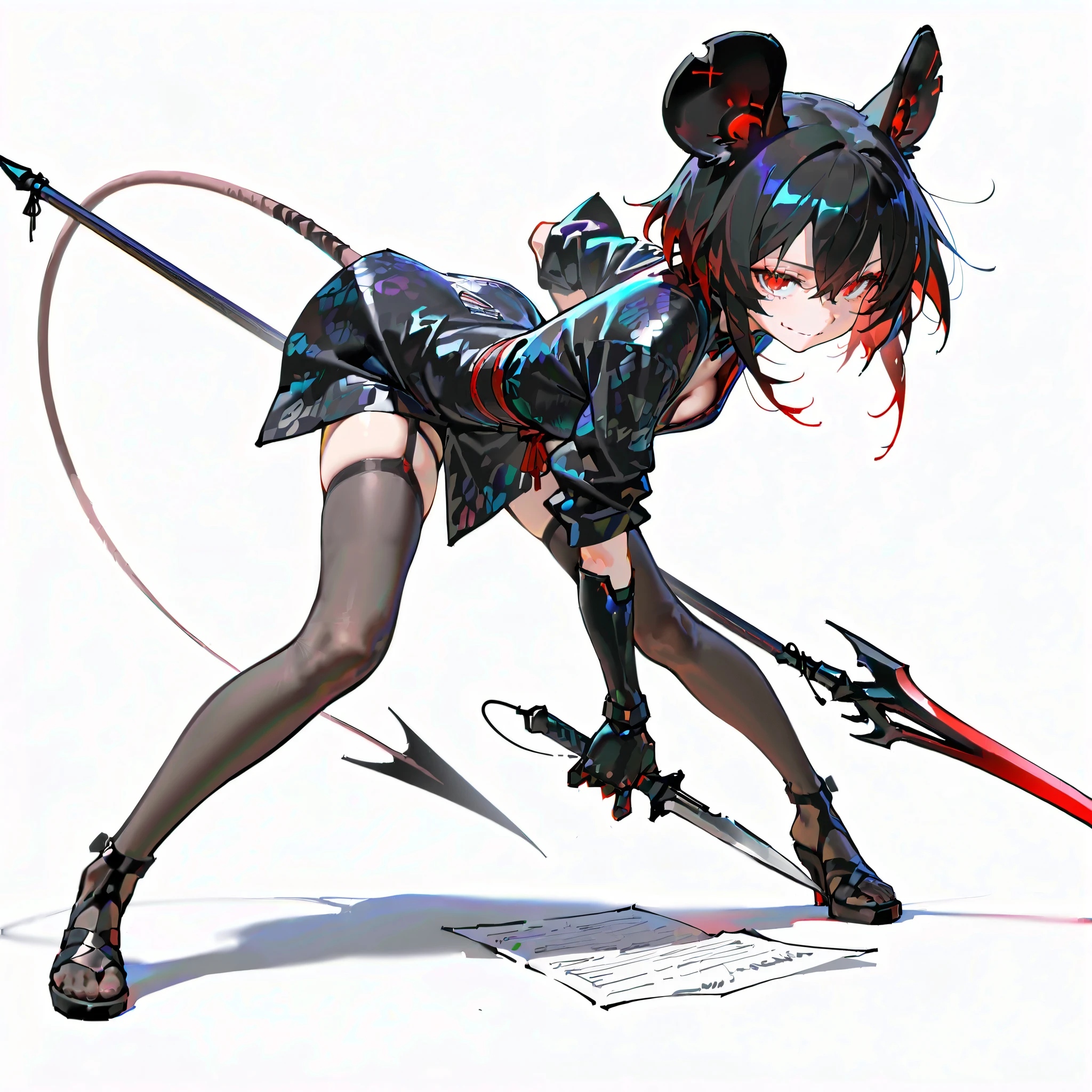 (((masterpiece))), (((Best Quality))), ((Ultra-detailed)), (High Definition anime Illustration), ((extremely delicate and beautiful)),solo, Full body, Wire hair, red eyes,(Large mouse ears and a thin tail)((shredded black cyber-kimono with strips of paper stacked on top of each other with eerie kanji shadowed on them)),A mysterious smile,(gnarled dagger and accursed long spear),(tall and stylish),cyberpunk Wererat manslayer girl(Character Focus),highly detailed, Colorful, highest details, Digital Painting, 8K High Resolution, Whole body, full body standing, (((white background)))