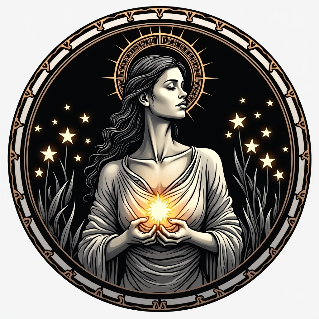 there is a black and white picture of a woman with a halo, holy aura, sacred feminine, astral ethereal, unknown zodiac sign, icon with a halo of fire, visible holy aura, hecate, moon goddess, kundalini energy, stylized silhouette, the element woman, glowing angelic being, holy flame spell, the divine feminine, hecate goddess