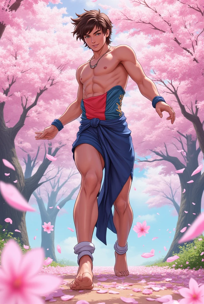 Mature man dancing under tree, super hairy body, bulge, tall man, detailed body, sweaty, detailed face, detailed hair, short hair, white hair, in a festival, light, pecs, dinamic pose, detailed background, Sakura Blossom, nature,