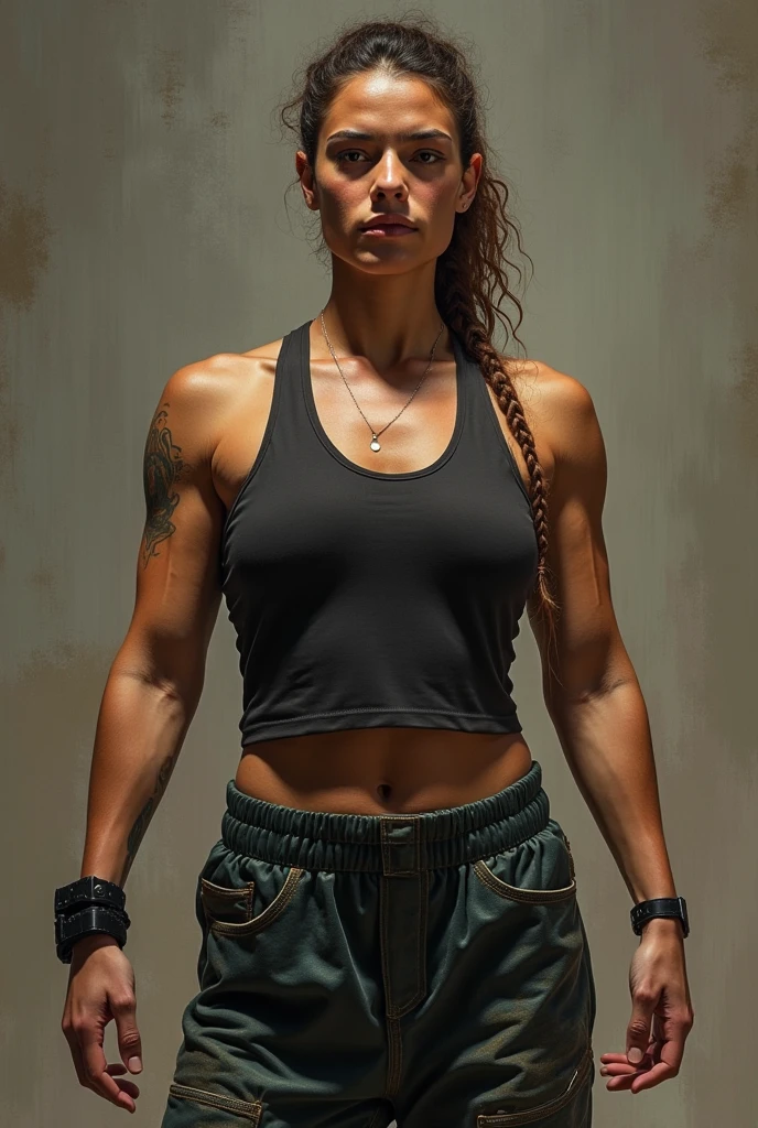 A photograph capturing a woman standing in a dramatic, intense pose, slightly to the right of the camera's perspective. The woman is covered in mud, giving her a glossy, wet appearance. Her wet, curly hair is damp and clings to her face and body, with strands falling around her head, partially obscuring it. She is wearing a black sleeveless top that is knotted at the front, exposing her midriff, and a dark gray skirt with a drawstring waistband. Her body is covered in mud, which appears both dark brown and light brown, creating varying textures and patterns across her skin and clothing. The woman's expression is focused and intense, with her face turned slightly downward and to the left. Her right arm is extended forward with her hand partially visible, while her left arm is bent at the elbow. The lighting is bright and artificial, highlighting the texture of the mud on her skin and clothing, casting soft shadows that accentuate her form. The background is plain and out of focus, consisting of a light-colored wall on the left side and a darker structure on the right, which contrasts with the subject and emphasizes her figure. The overall mood of the image is intense and dramatic, with a balanced exposure and neutral white balance. The composition is centered, with the subject occupying most of the frame, creating a powerful visual impact that draws attention to the subject's form and the textures of the mud.