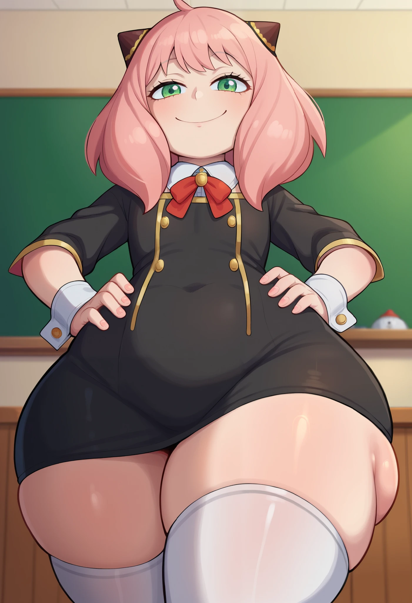 score_9, score_8_up, score_7_up, Yamathegod artsryle, 1girl, solo, anya forger nsfw, (/spy x family/), little girl, size difference, very short girl, from below, looking at viewer, viewers pov, Anya is way shorter than viewer, small stature, innocent, pink hair, hairpods, school uniform, Anya Forger loose dress, dress, black dress, yellow, green eyes, sleeve cuffs, gold trim, flat chested, huge butt, butt focus, thick thighs, tight body, white thighhighs, age difference, immature, under-aged, younger girl, juvenile, youthful, high school, middle school student, tight-girl, Anya is 120 cm tall, half-closed eyes, viewer looking down at Anya, smile, hands on hips, indoors, classroom, chalkboard, yamathegod style, Big eyes, cute