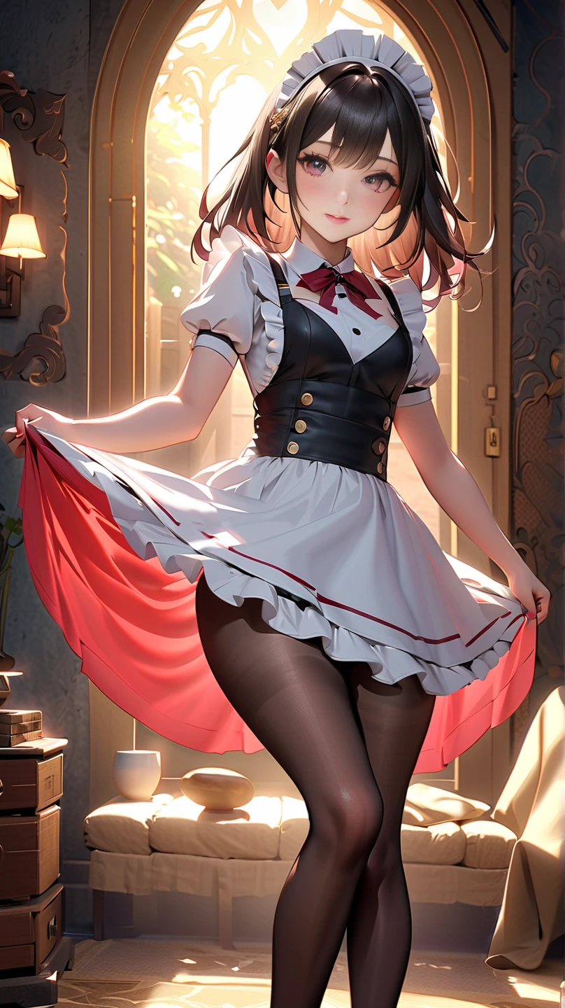 2D, masterpiece, highest quality, anime, Very detailed, whole body, 1 girl, alone, Marine_Idol, hololive Idol uniform, White ribbon, White gloves, Red ribbon, Red bow tie, Layered skirt, Navel clipping, Mismatched legwear, Red Stockings, Black Stockings, Heterochromia iridis, Red eyes, Yellow Eyes, Break Stage, Red light, Dynamic pose, smile 