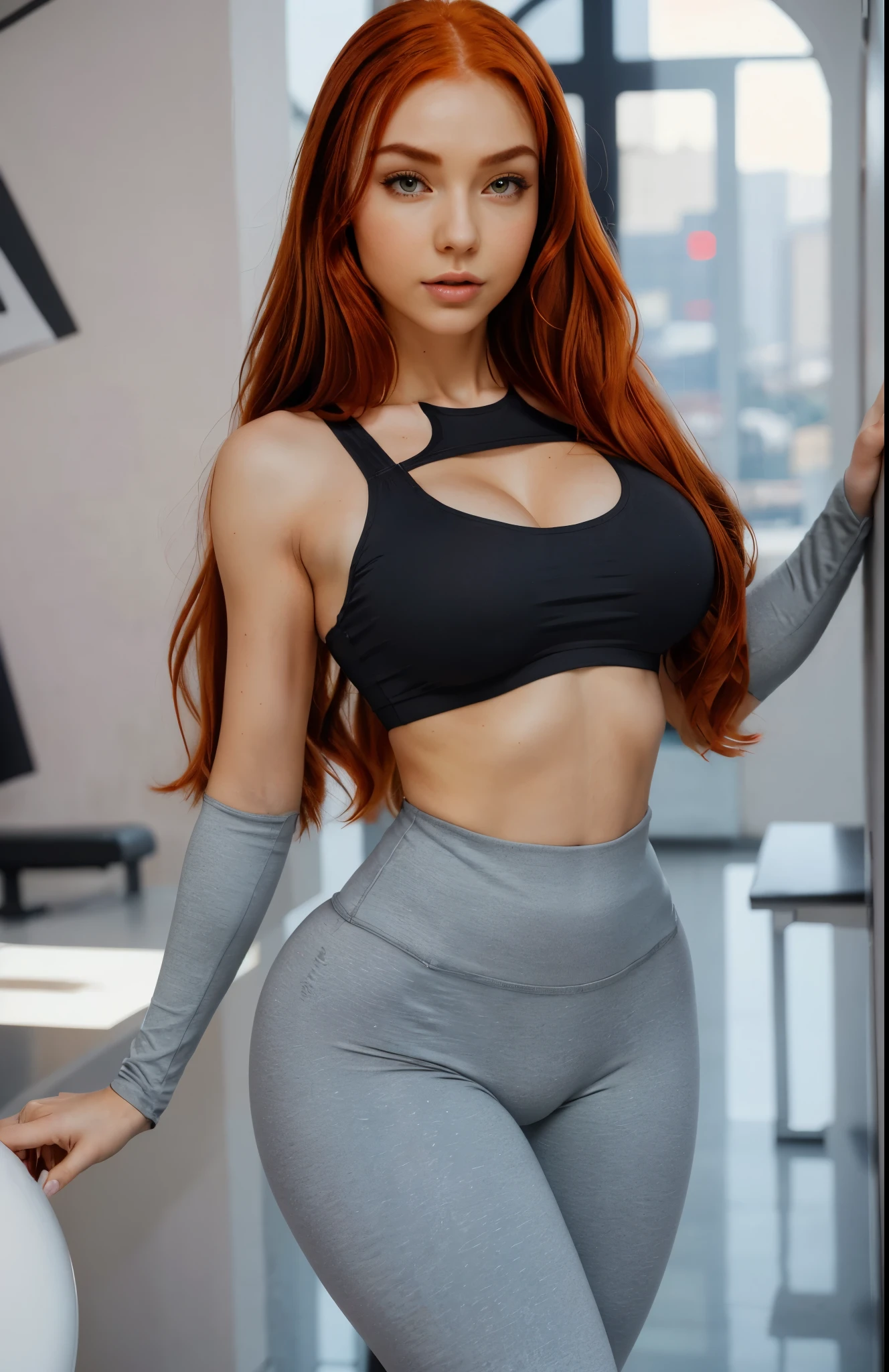 (best quality, masterpiece:1.2), photorealistic, ultra high res, (beautiful detailed eyes:1.3), reflections in eyes, symmetrical eyes, (beautifully detailed face:1.3), detailed lips:1, detailed iris, detailed skin:1, absurdres, dynamic angle, seductive pose, (tight gym  outfit:1.3), (1girl, 18yo, skinny, most beautiful, cute, (gorgeous face:1.3), eyeliner, blush,  big lips:1.9, long red  hair, silver eyes, slim waist, narrow shoulders, short torso, flat chest, soft thighs), mall  scene, 