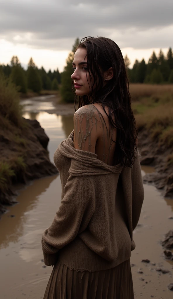 A vivid, evocative, and captivating scene featuring a beautiful 19-year-old Irish girl drenched by the gentle rain, wearing a long Irish dress and a sweater, walking with enchanting allure through the misty Connemara moor. Her attire is soaked, bringing to life the sensory details of rain-soaked fabric. The ethereal ambiance of the moor and the girl's resilient yet graceful presence amidst the natural beauty surrounds her. Aesthetic artwork, Irish mystical vibe, wavy ginger hair, shoulder-length, hair in the wind, gray eyes, light grey eyes, pale skin, freckles, A-cup, small breasts, runner's body, wet textured skin, skin pores:1.1, goosebumps, extremely detailed 8k wallpaper, natural lighting, Nikon Z8 + NIKKOR Z 24-120 mm f/4 S, high detail, sharp focus, crazy details, complex details, hyperdetailed, wet, Connemara mountains in the background. wet dress, wet sweater, mud, rocks, mist, rain droplets, moss, heather, grass, puddles, raindrops on leaves, stormy sky, wet hair, damp earth, gray clouds, overcast, mountain slopes, rolling hills, stone walls, peaty soil, bracken broom, gorse, heather, granite, quartz, schist, gray, green, brown, white, black, yellow, blue, purple, red, orange, tan, SFW, dressed, torn dirty clothes