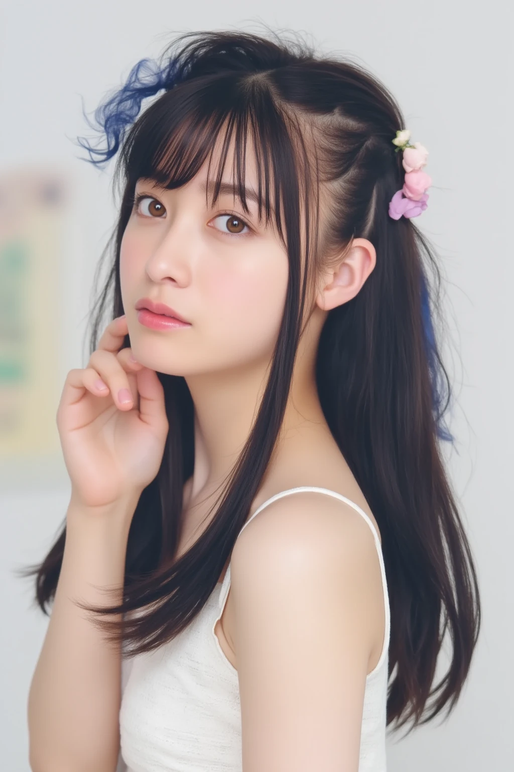 (masterpiece), (best quality), (ultra detailed),(disheveled hair),(illustration), (1girl), (Fashionable clothing), standing, Fashion model, looking at viewer, (interview), (simple background),beautiful detailed eyes, delicate beautiful face, Floating,(high saturation),(colorful splashes),colorful bubble,(shining), focus on face, ponytail, kamisato ayaka, light blue hair, bangs, hair ring, floating flowers, floating hairs, (shining), best lighting, best shadow,