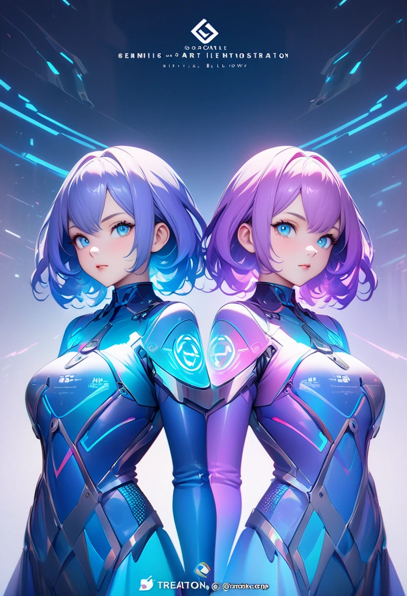 conjoined, 2heads, girl with two heads instead of one, 2head, cuerpo curvilineo, caderas anchas, brazos curvilineos, usando shorts, ropa abrigada, usando Cyberarmor, Cyberarmor, armadura futurista, armadura blanca, armadura que cubre los pechos, armadura con luces brillantes, bien sombreada, luces purpura de fondo, color fucsia de fondo, safe for work, armadura que cubre el torso