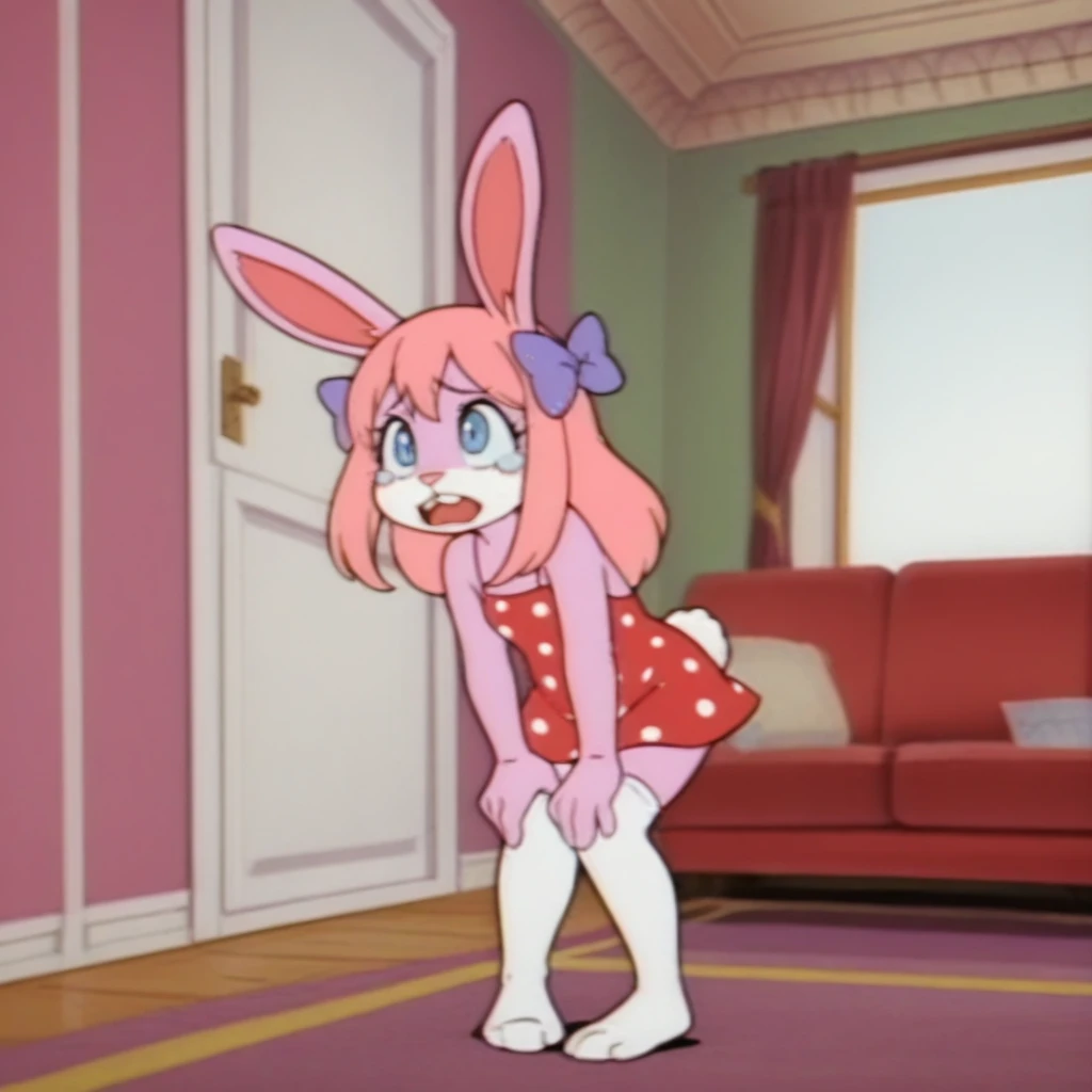  Masterpiece , Better quality, amazing quality, Girl, rabbit, girl, blue eyes, tears. mouth , rabbit Teeth , pink nose,  pink body, Pink head, pink ears , pink legs , white cheeks , white legs, pubescent ears, white tail, red polka dot dress , purple ear bows,  Looking straight ,  standing, shy, naive young, , dwarf,  legs without knee , window, curtains, sofa, desk. Мобильный телефон  Masterpiece ,  details,  details background,   details shaders
Отрицательная метка
